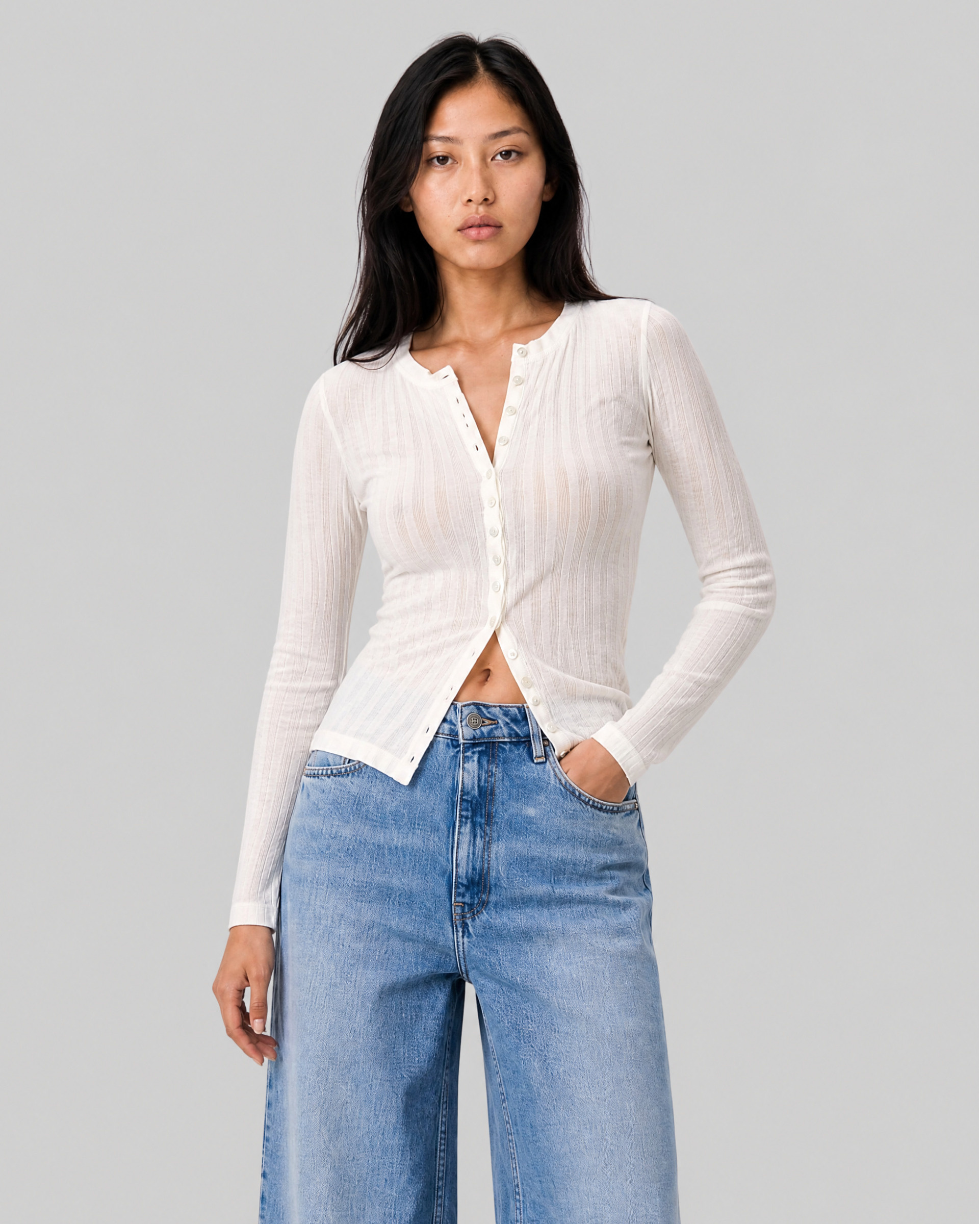 Ecru cotton long-sleeve top