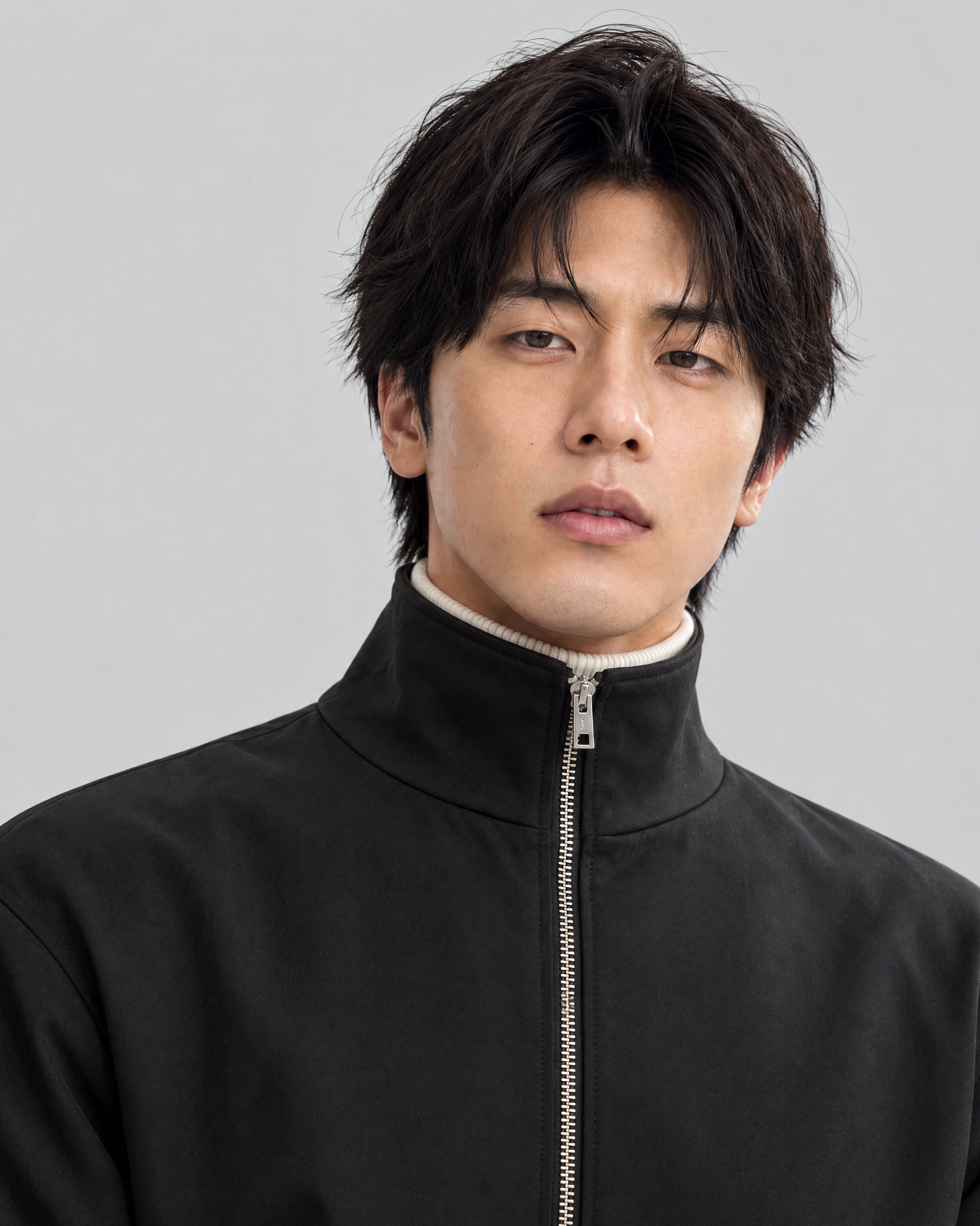 Black zip-up jacket with a high collar