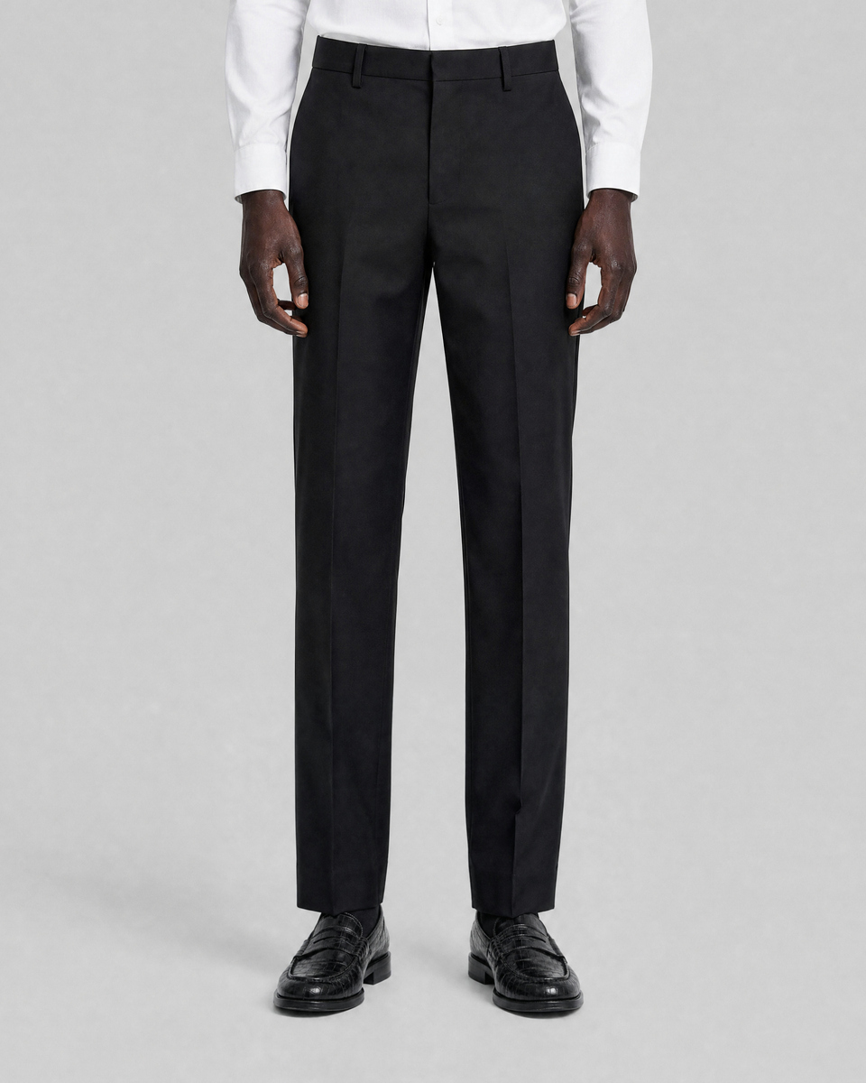 Black straight-leg wool suit pants