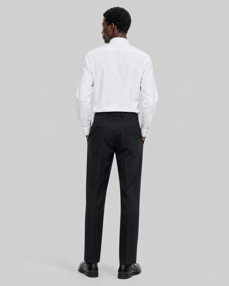 Black straight-leg wool suit pants