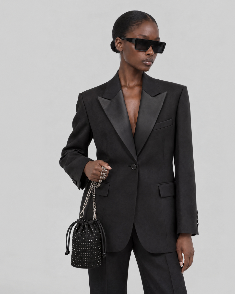 Straight-cut black wool tuxedo jacket