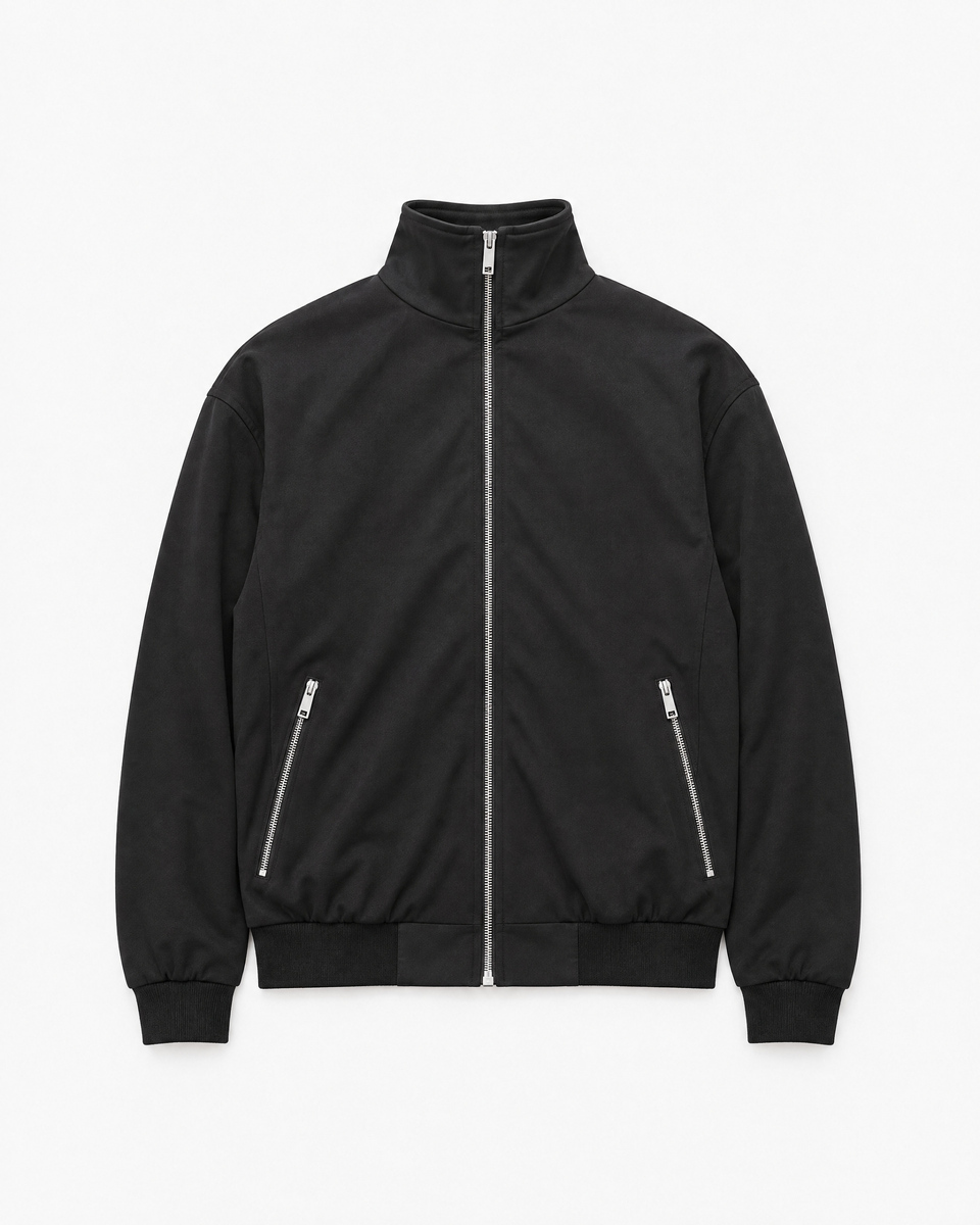 Black zip-up jacket with a high collar