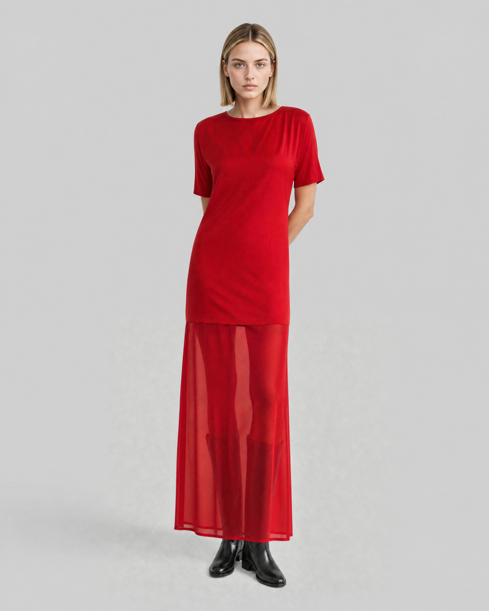Long red satin dress