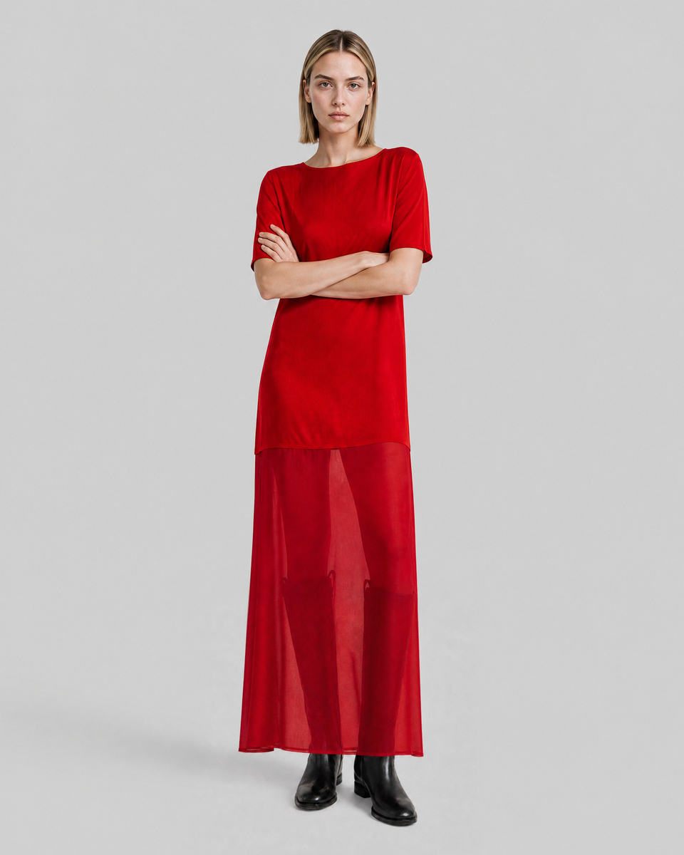 Long red satin dress