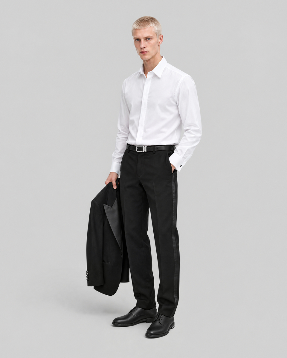 Straight-leg black wool tuxedo pants