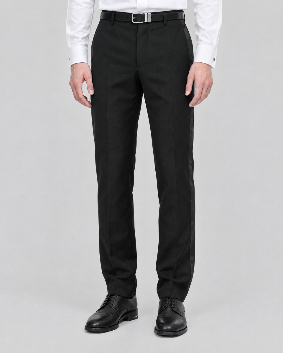 Straight-leg black wool tuxedo pants