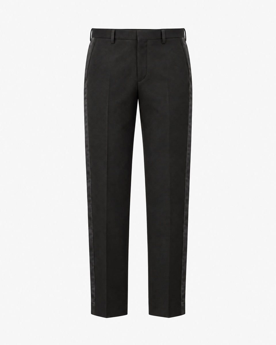 Straight-leg black wool tuxedo pants