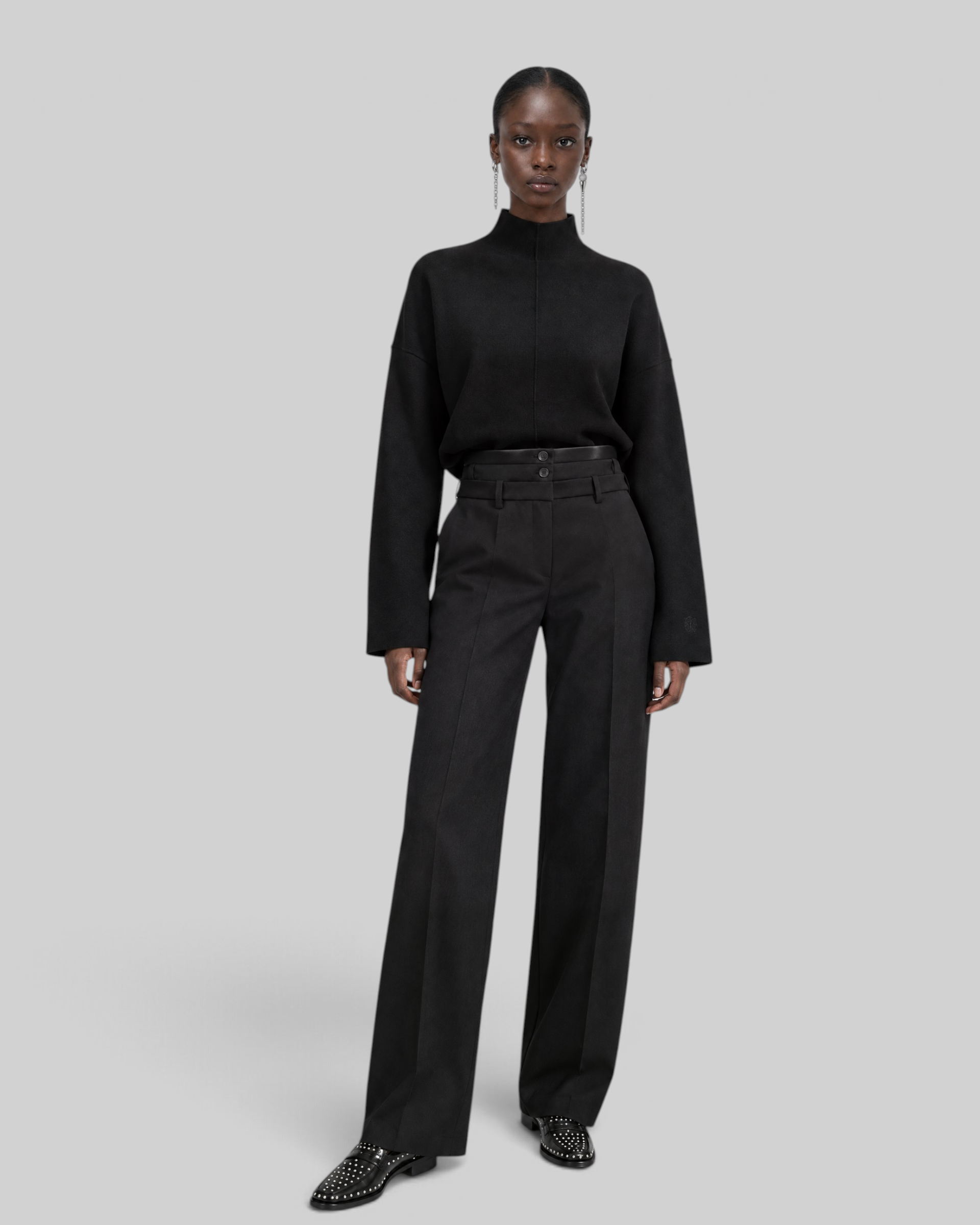 Black wool tuxedo pants with three belts
