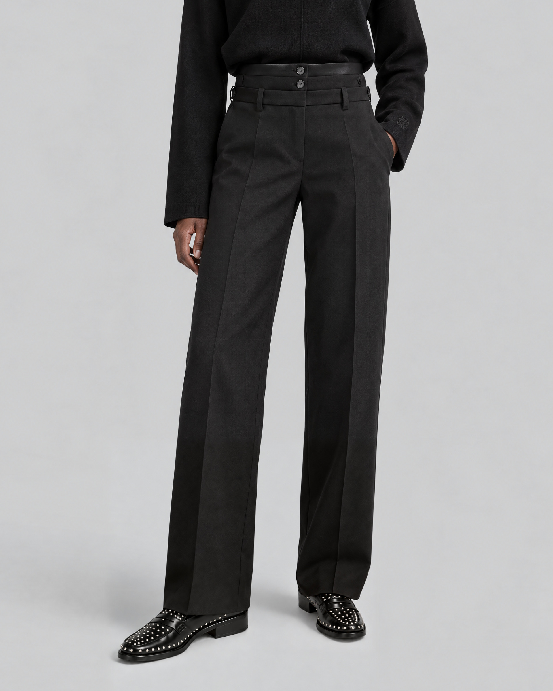 Black wool tuxedo pants with three belts