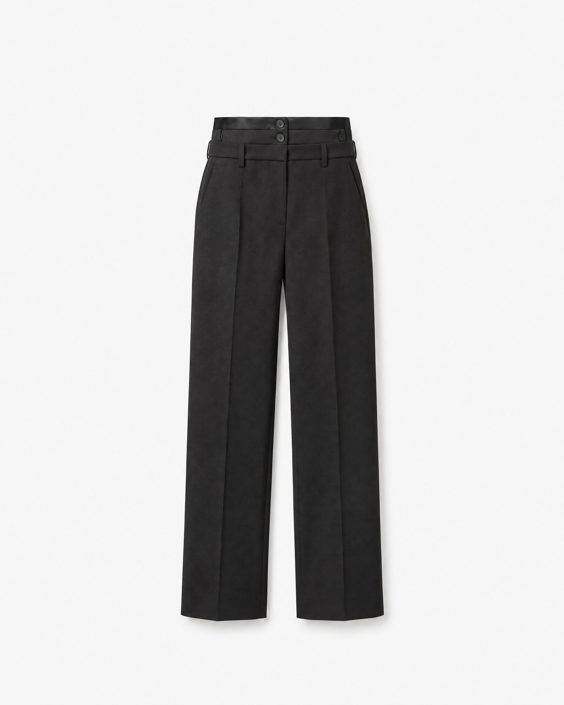 Black wool tuxedo pants with three belts