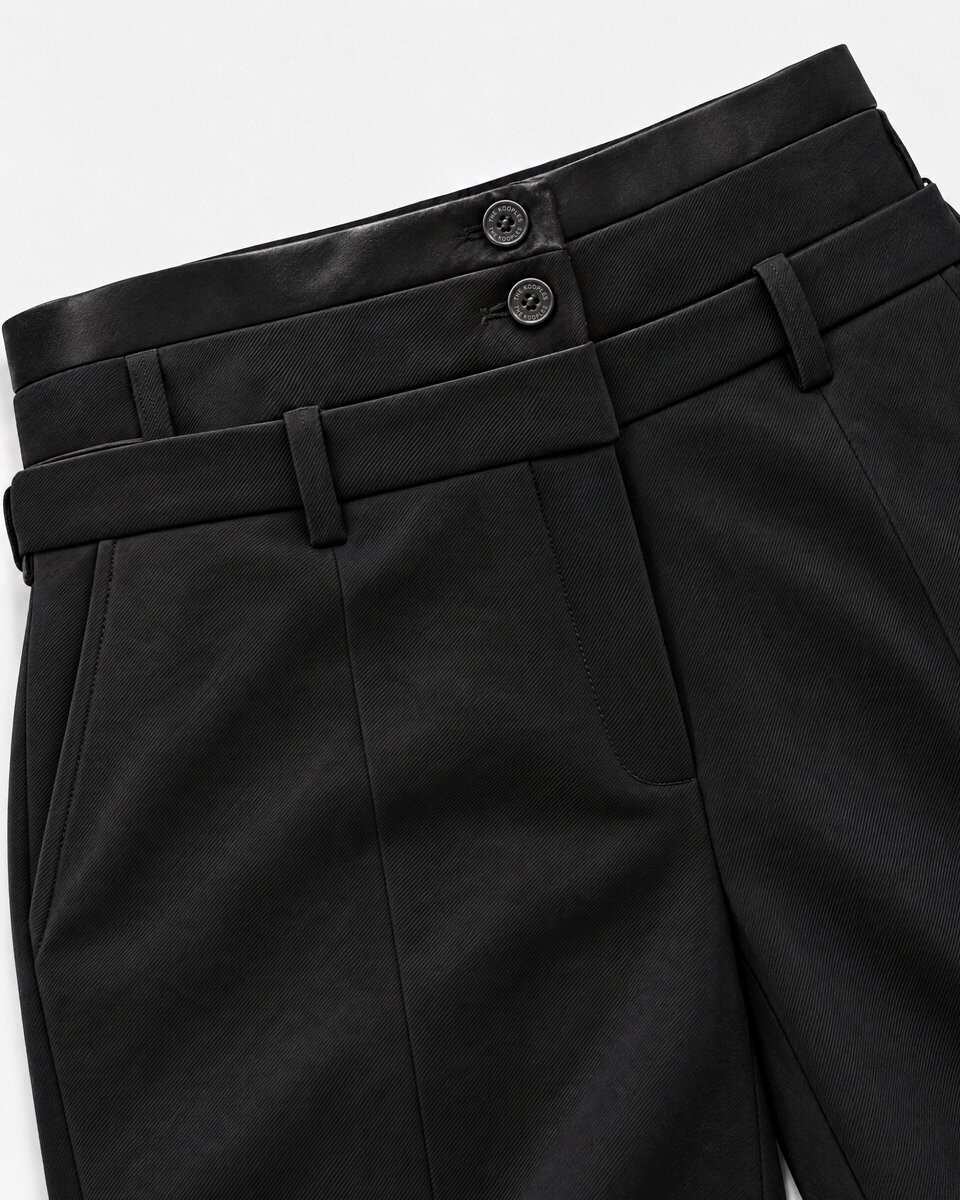 Black wool tuxedo pants with three belts