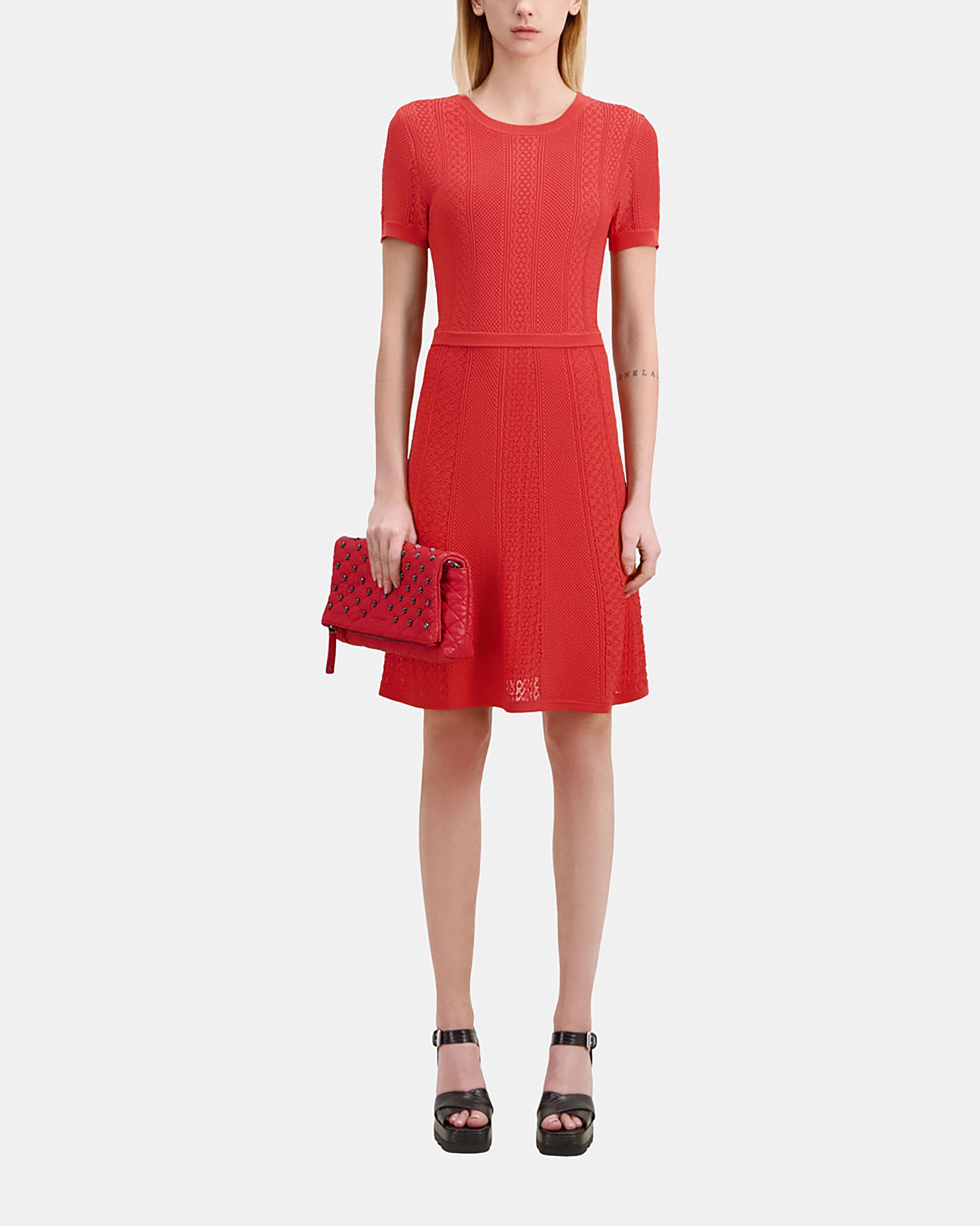 Short red openwork knit dress