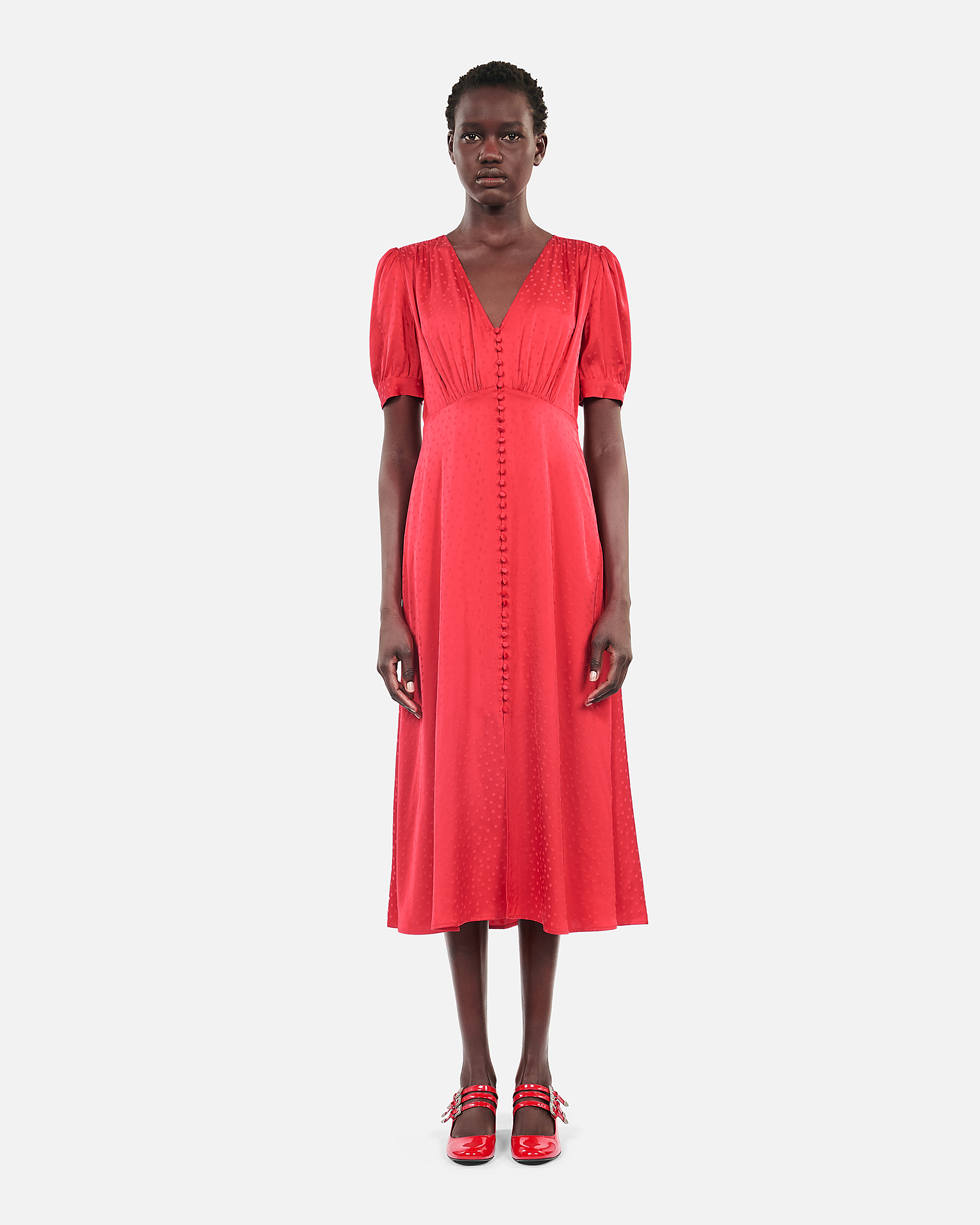 Red long dress with buttoning
