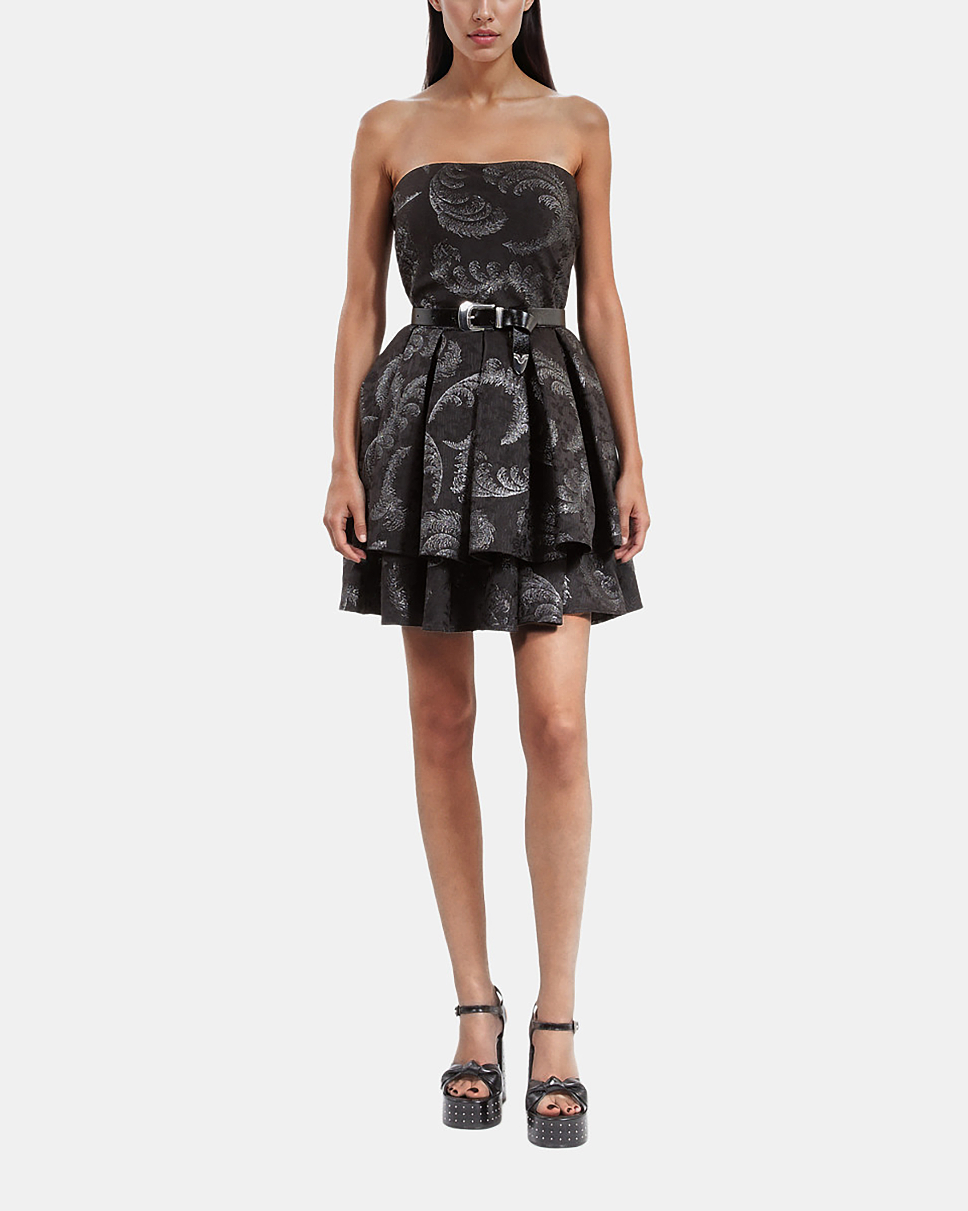 Black jacquard strapless short dress