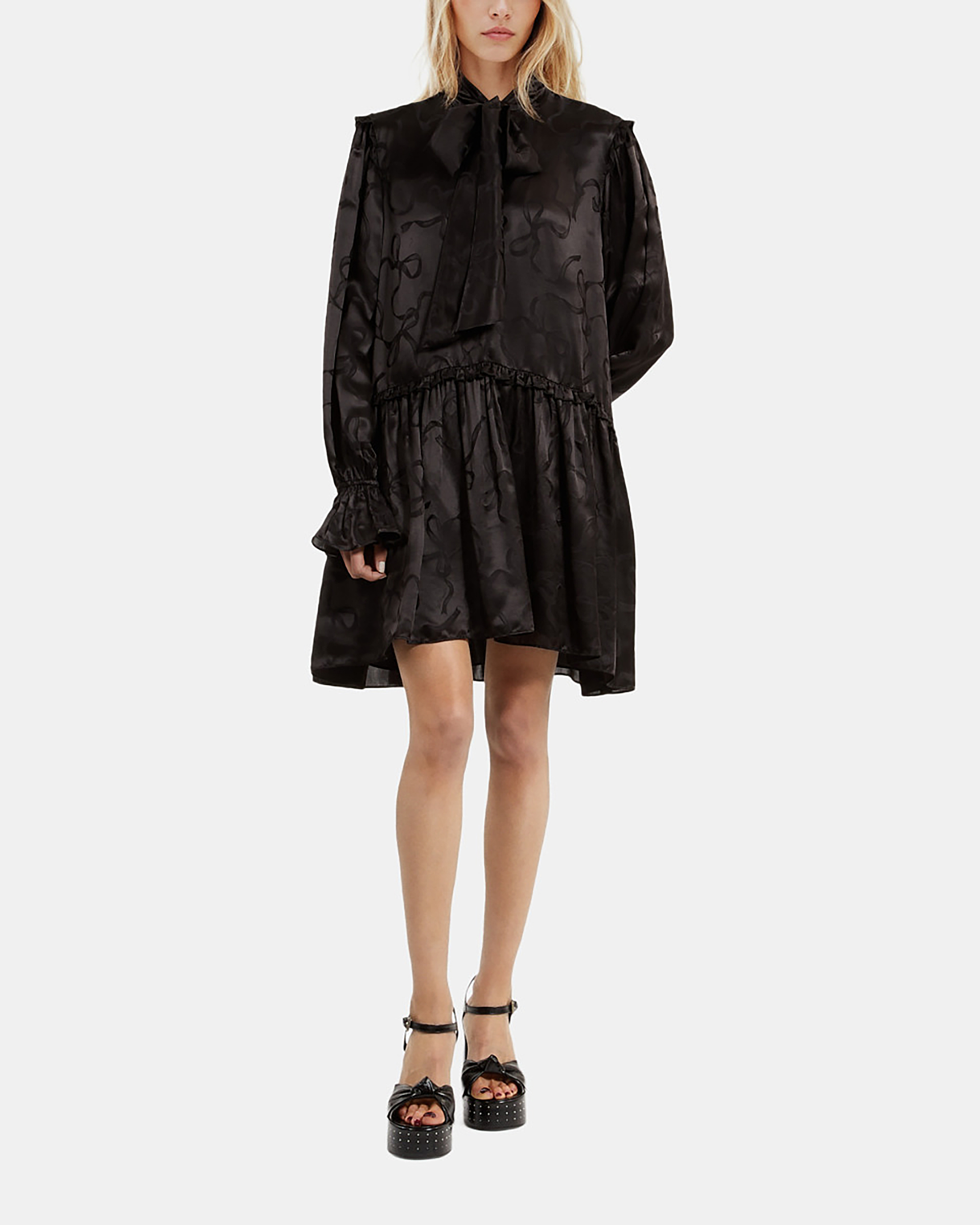Short jacquard dress with ribbon print