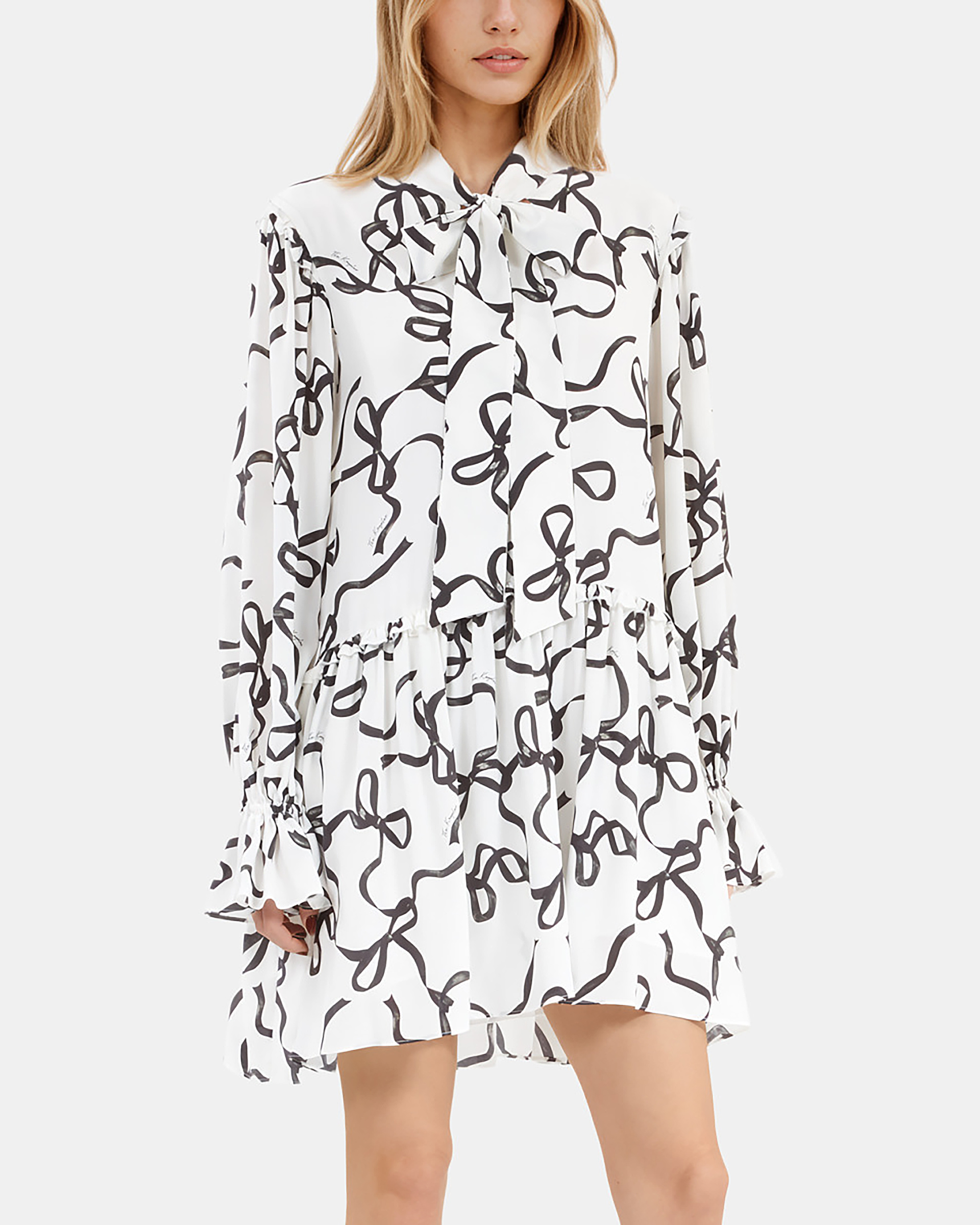 Ribbon-print silk short dress