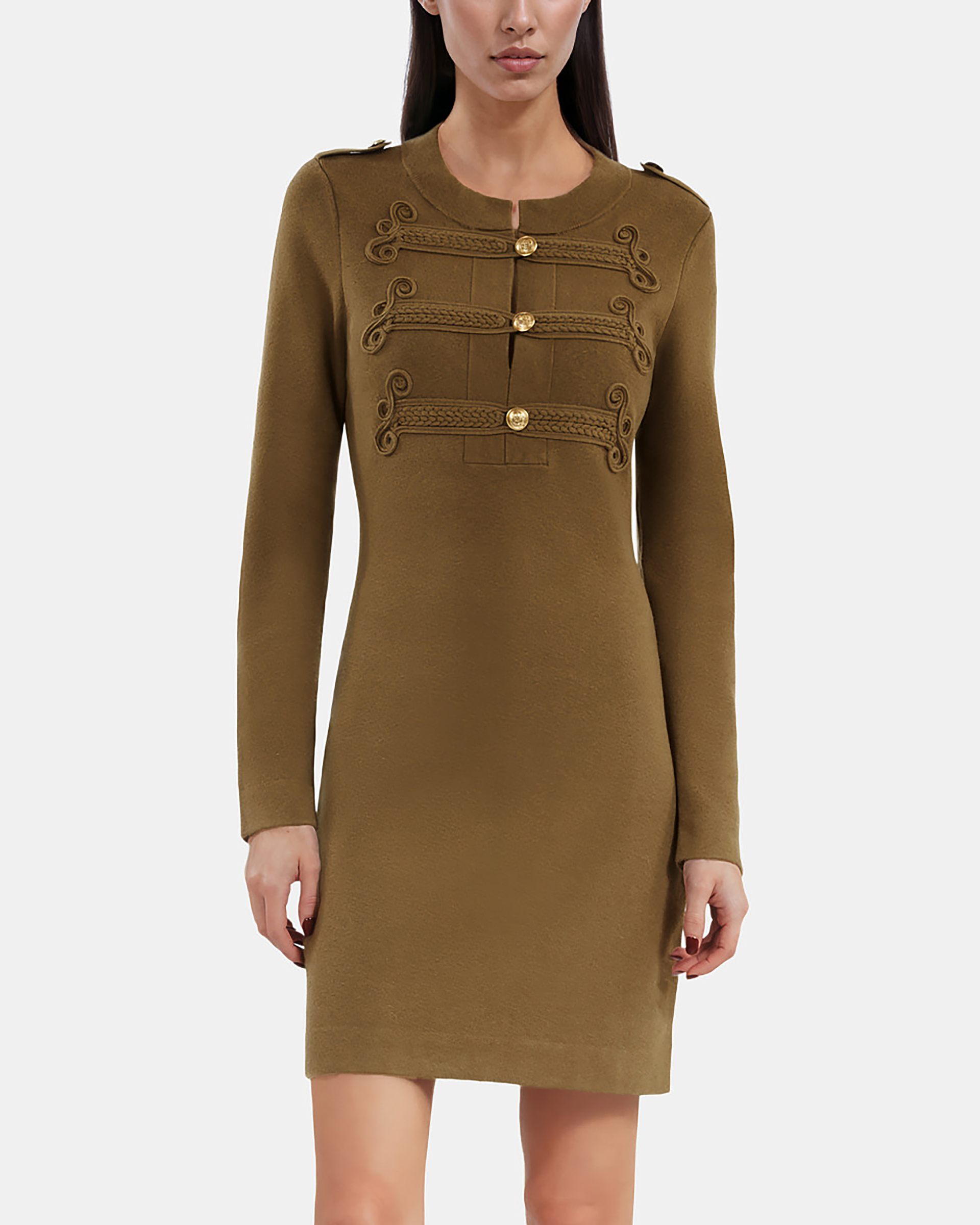 Officer-style short dress in khaki knit