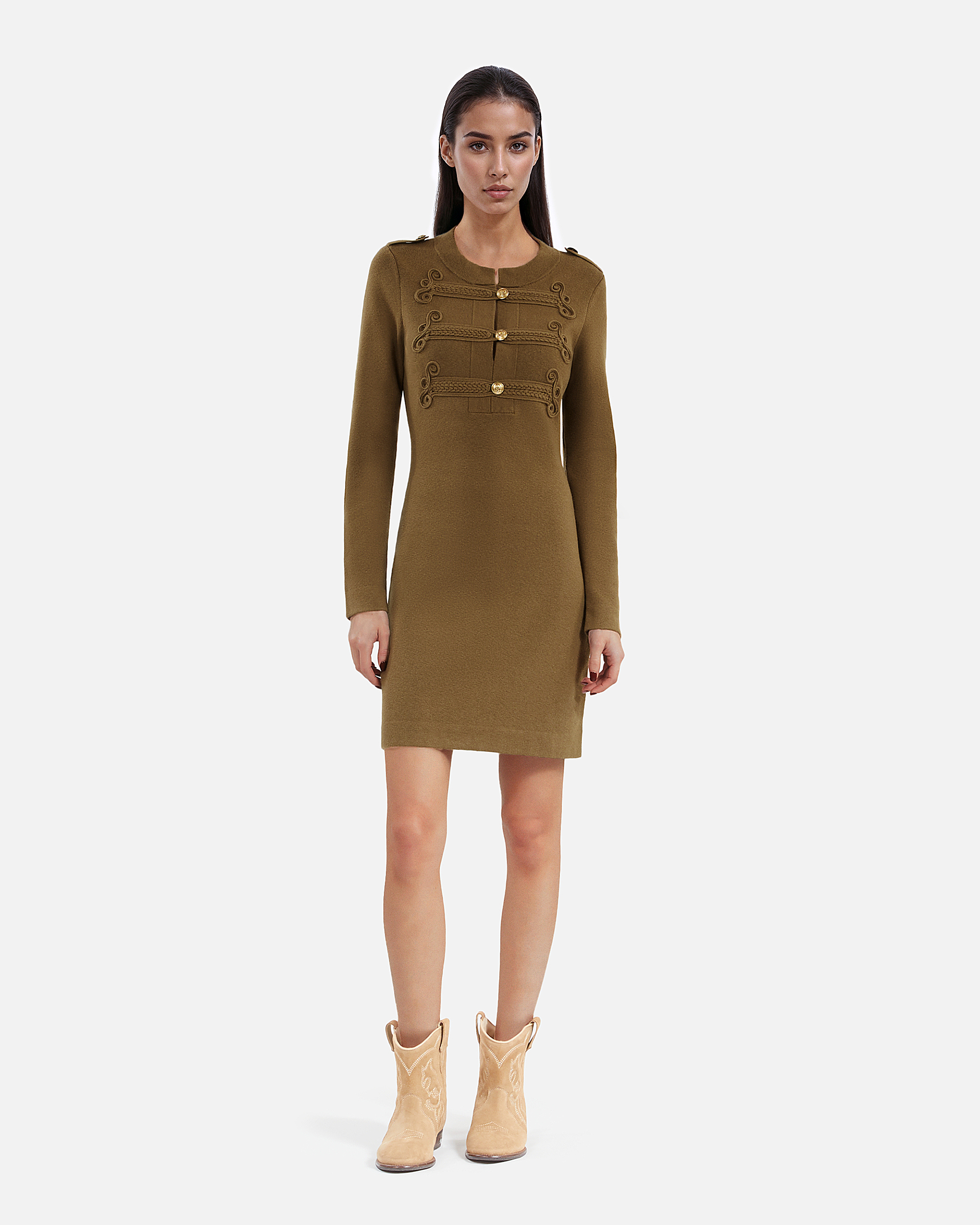 Officer-style short dress in khaki knit