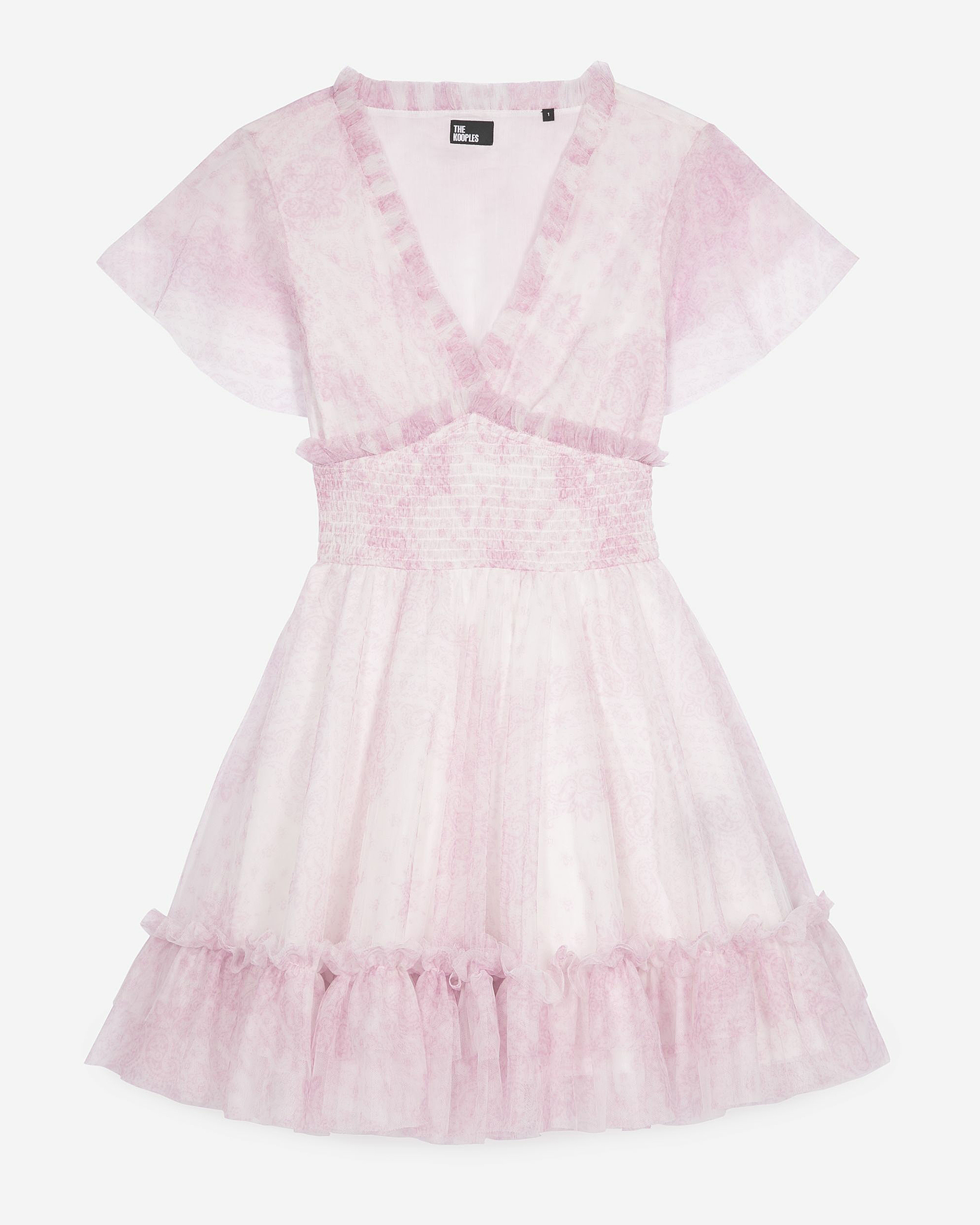 Short dress in pale pink printed tulle