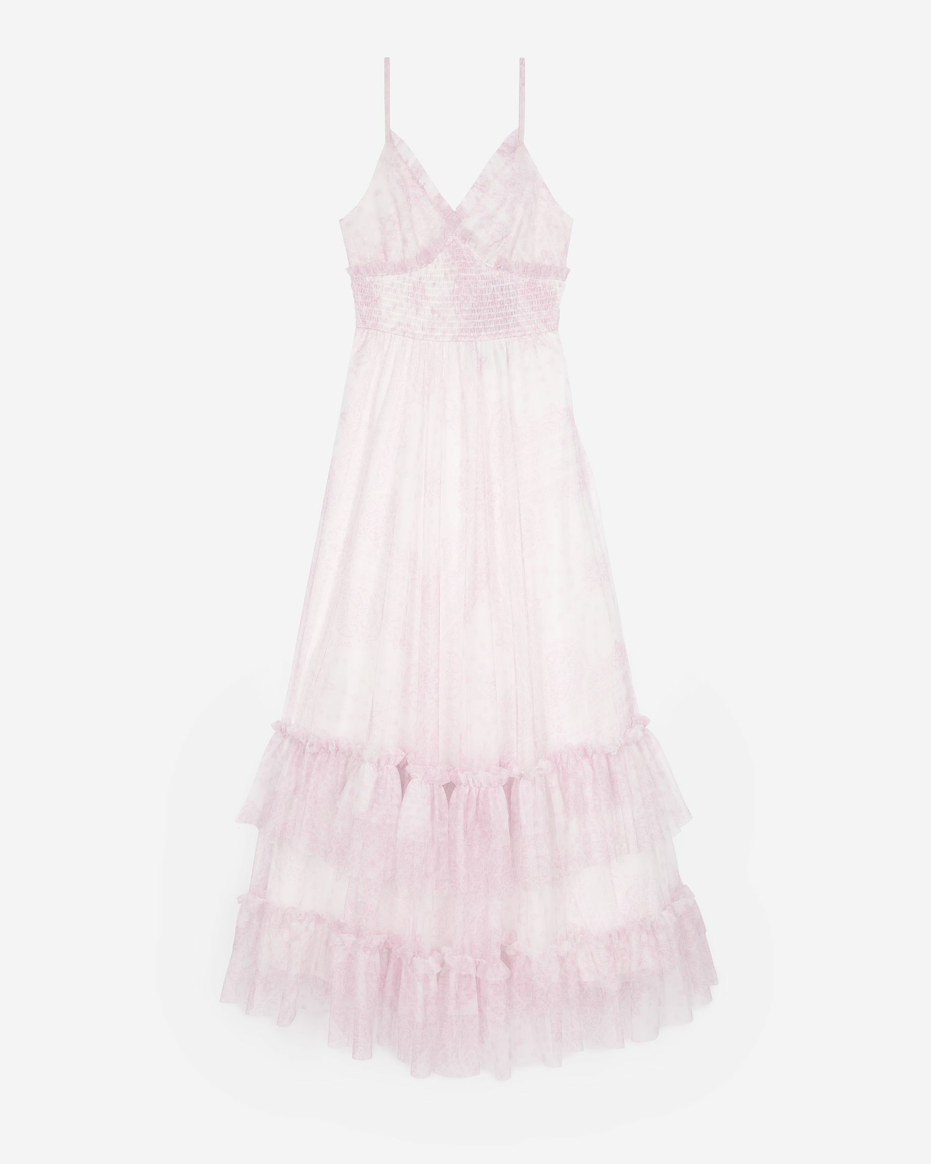 Long dress in pale pink printed tulle