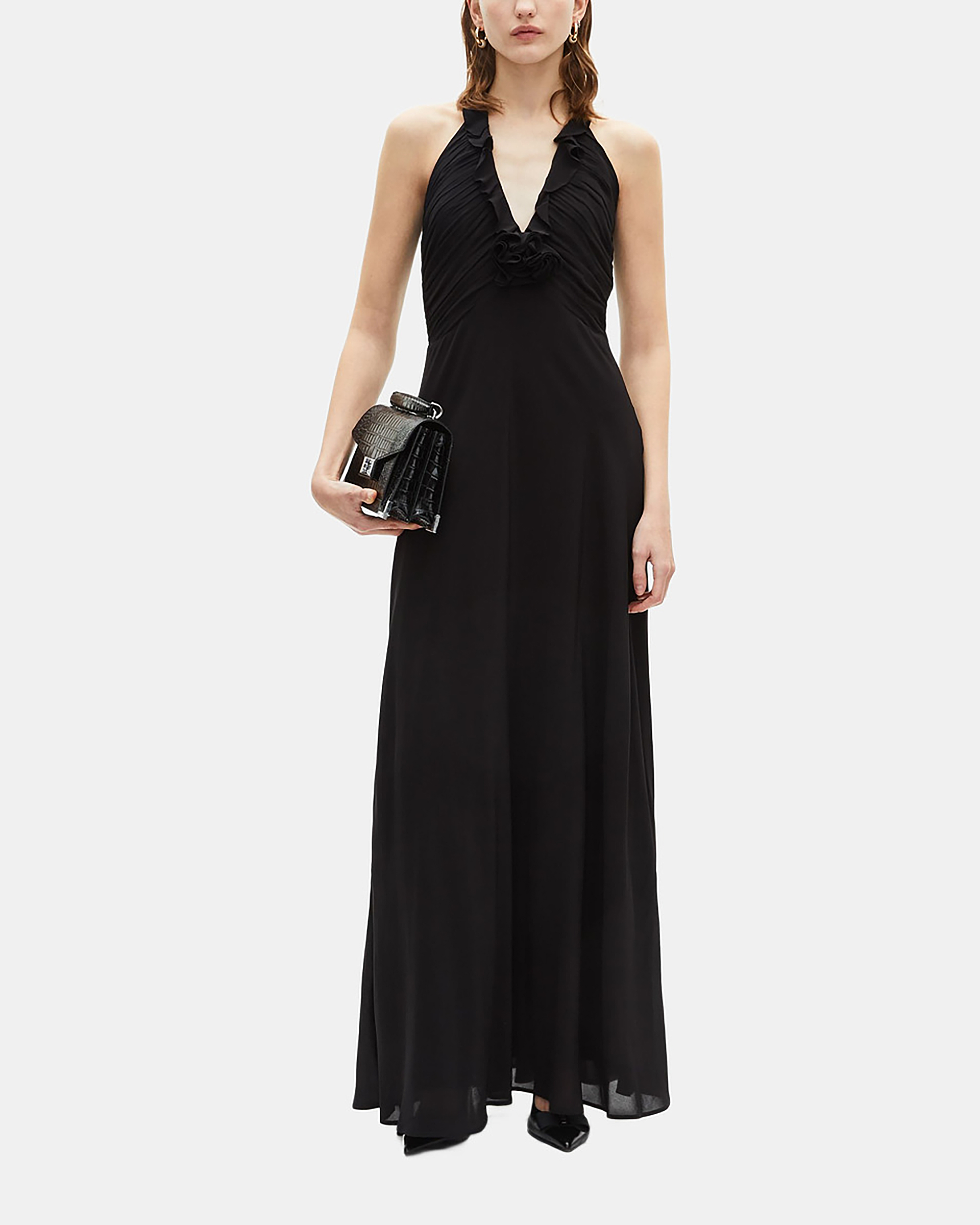 Long low-cut dress with black flower detail