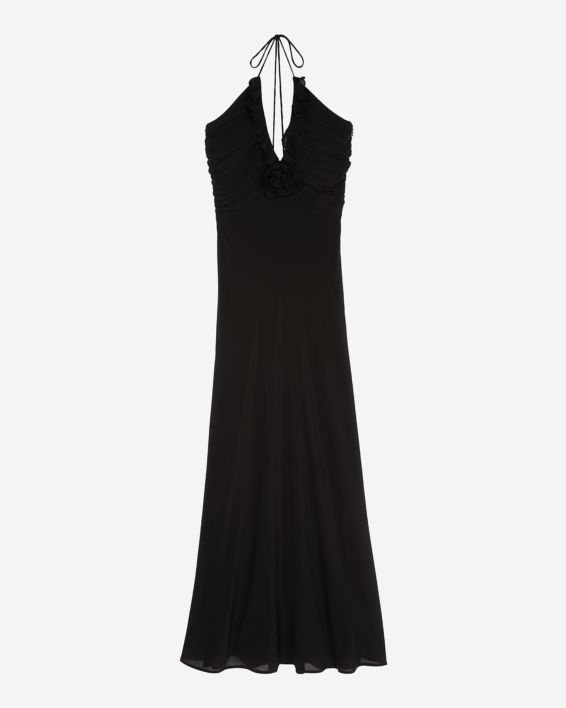 Long low-cut dress with black flower detail