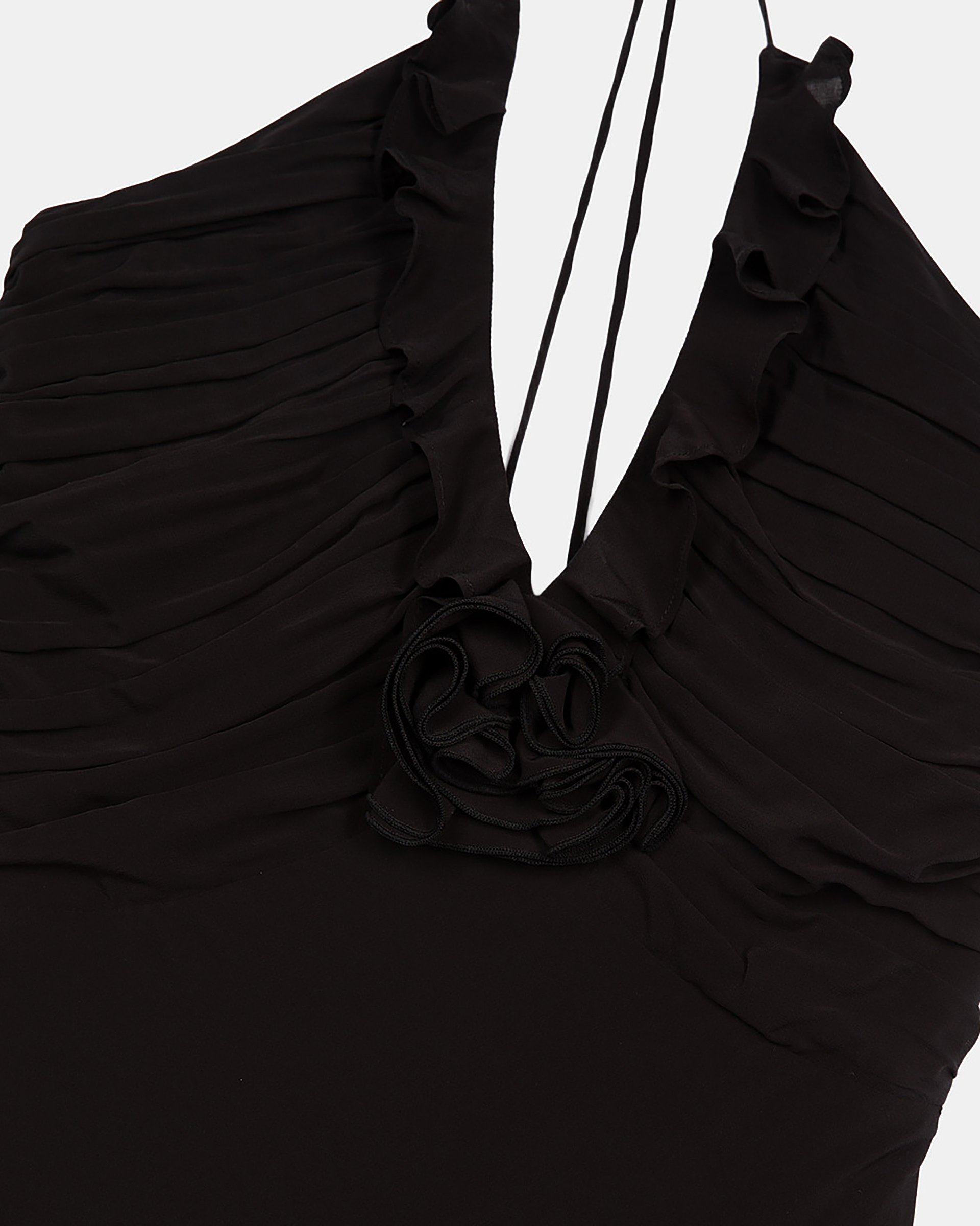 Long low-cut dress with black flower detail