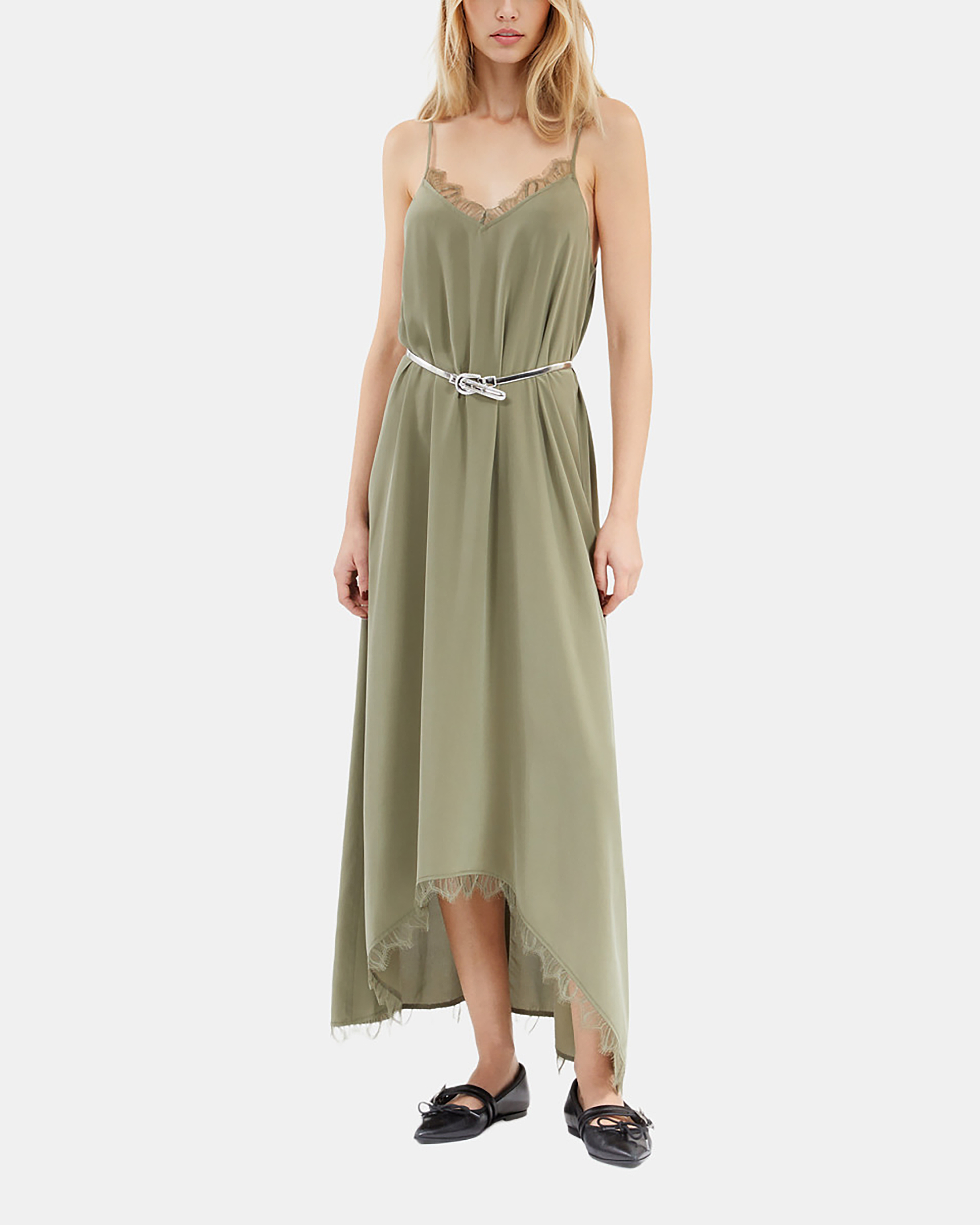 Khaki silk long babydoll dress