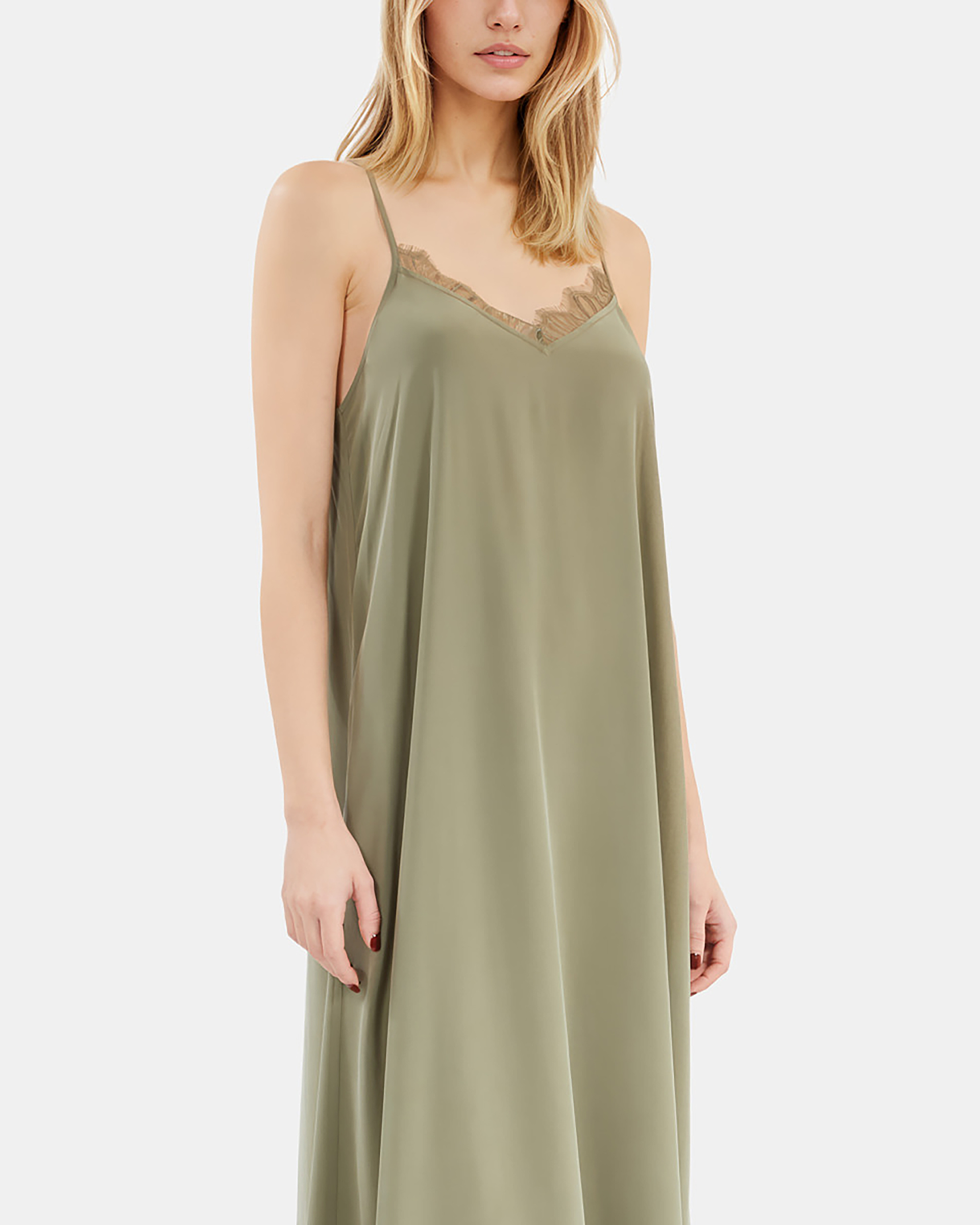 Khaki silk long babydoll dress