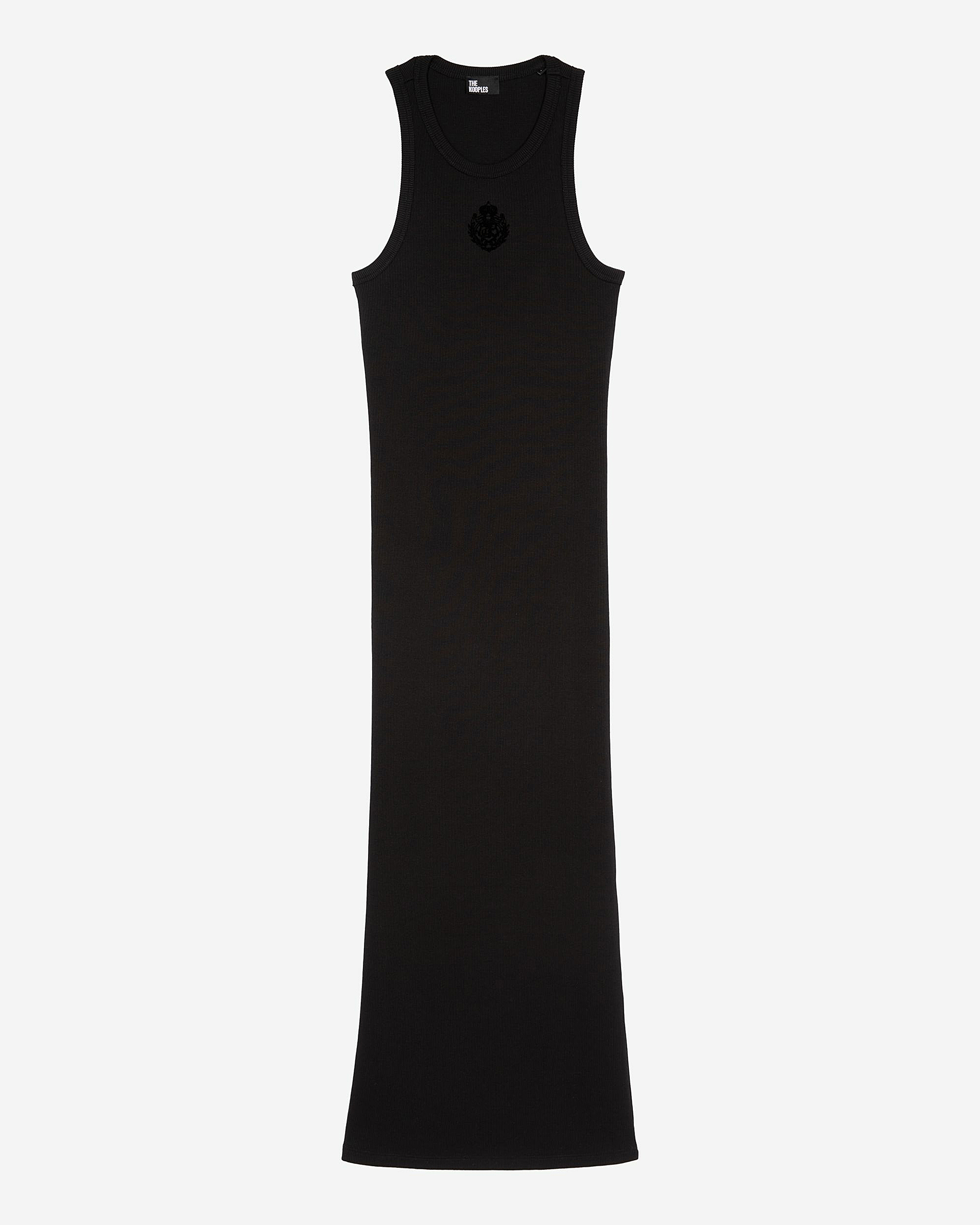 Black sleeveless long dress with crest