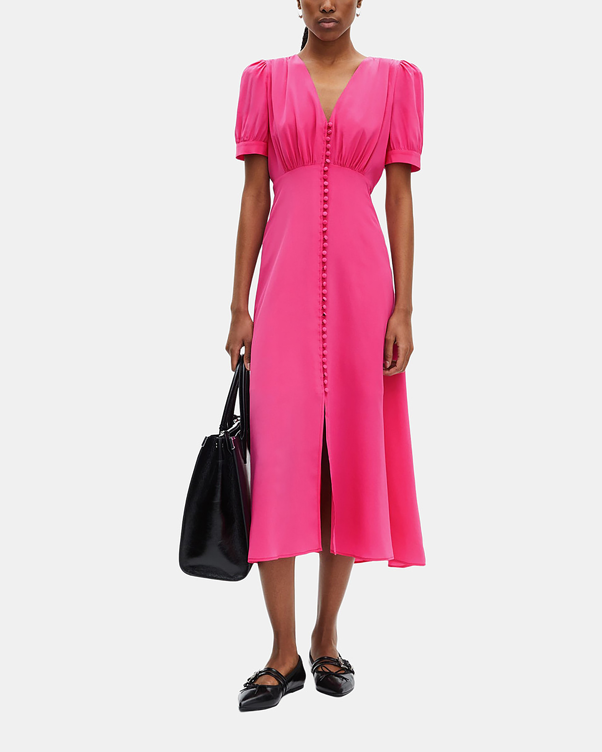 Long dress with pink silk buttoning