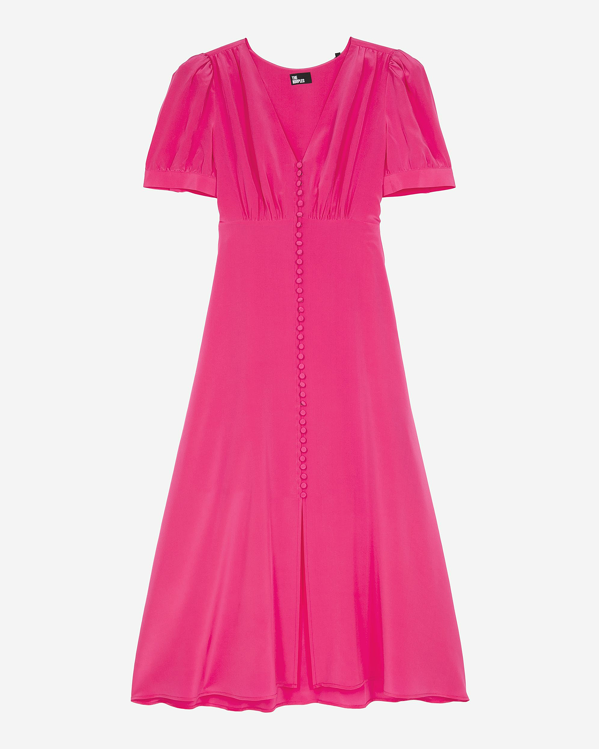 Long dress with pink silk buttoning