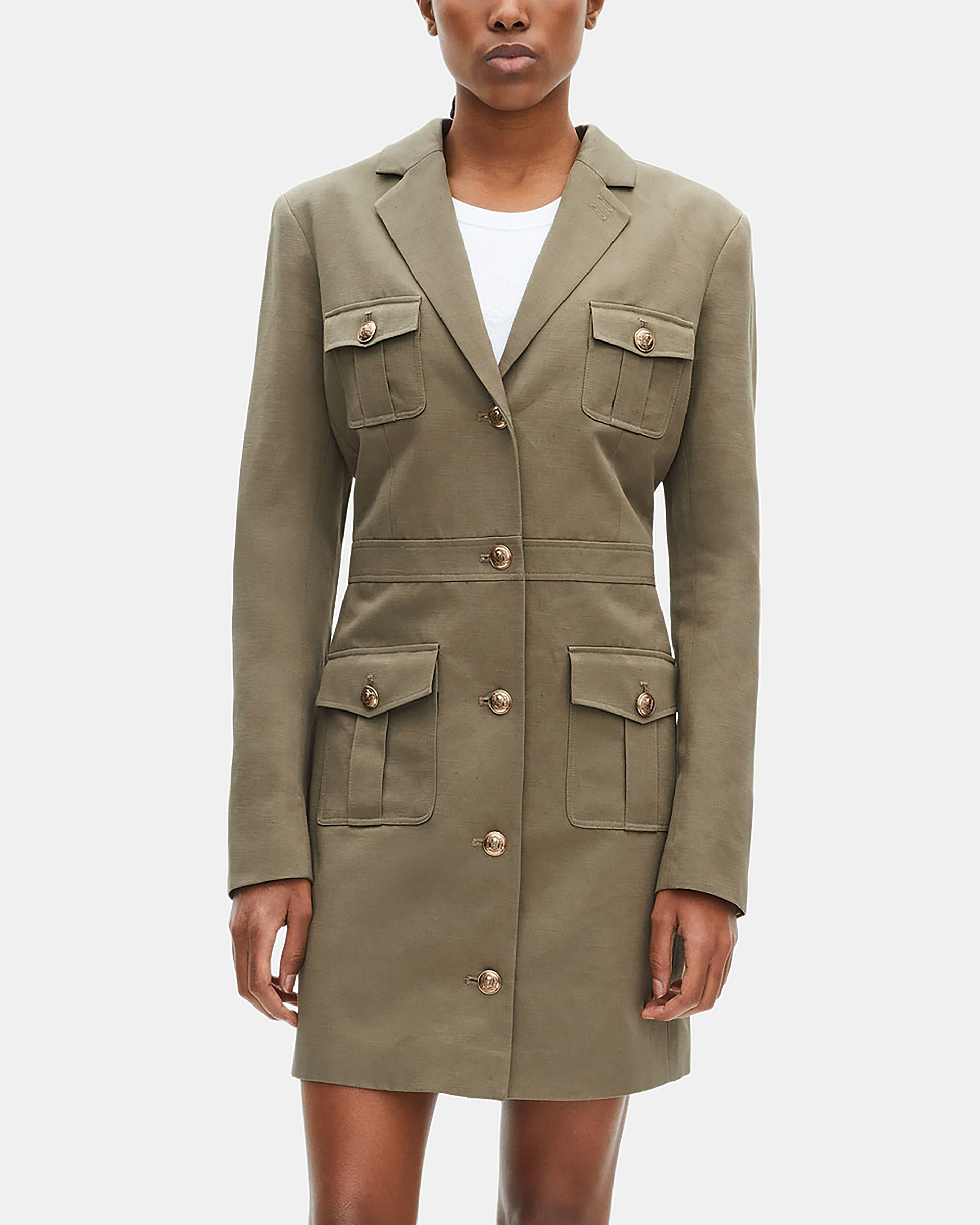 Short officer-style dress in khaki linen