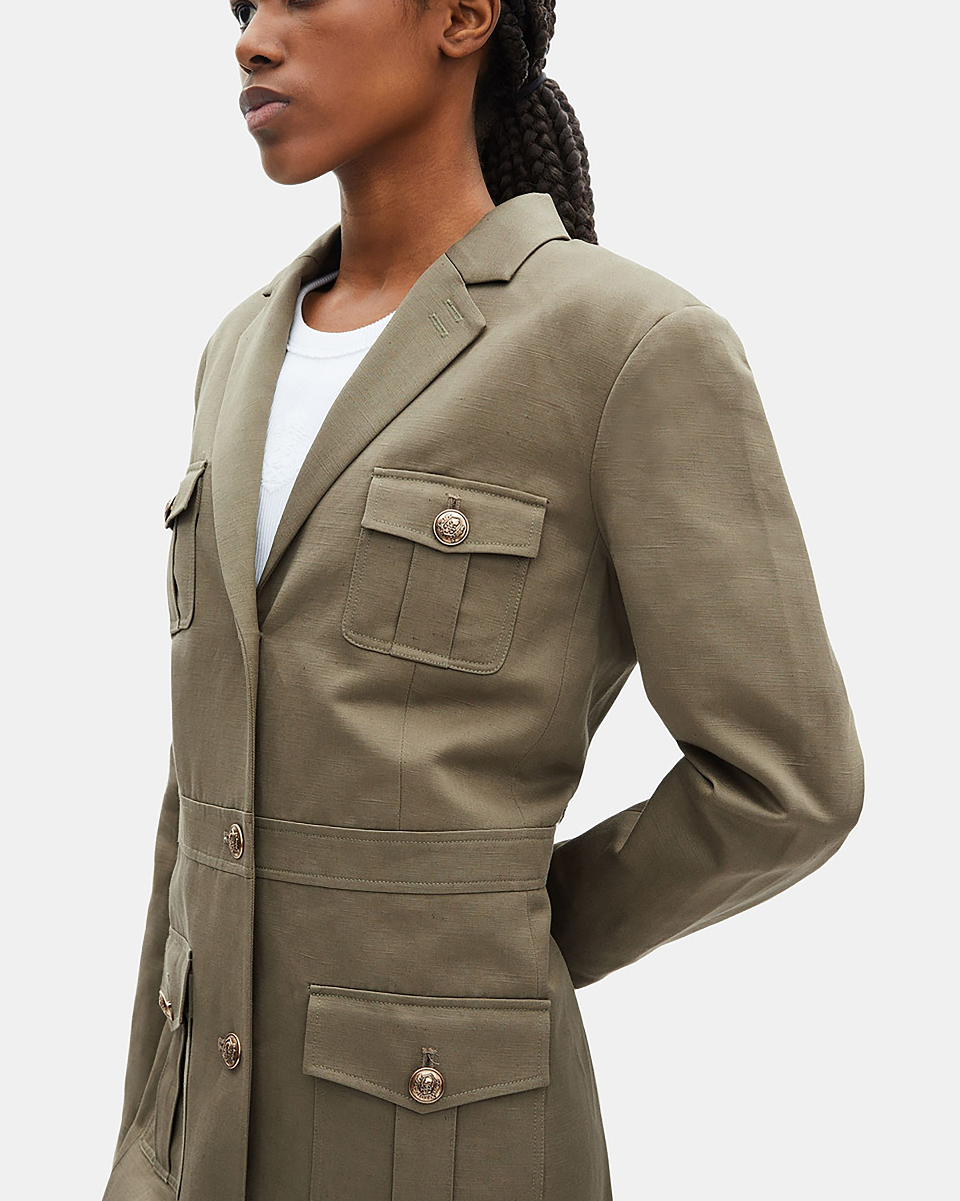 Short officer-style dress in khaki linen