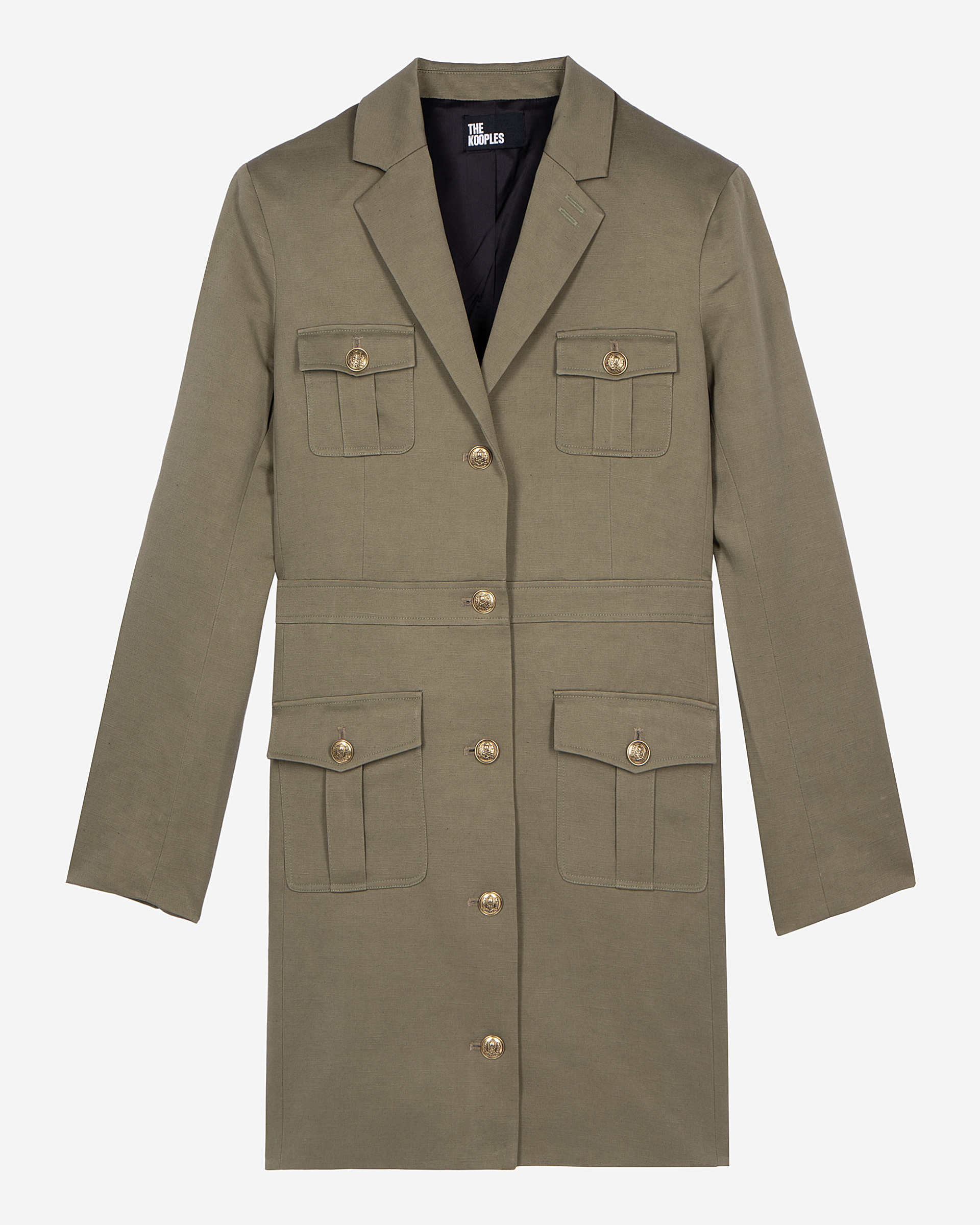 Short officer-style dress in khaki linen