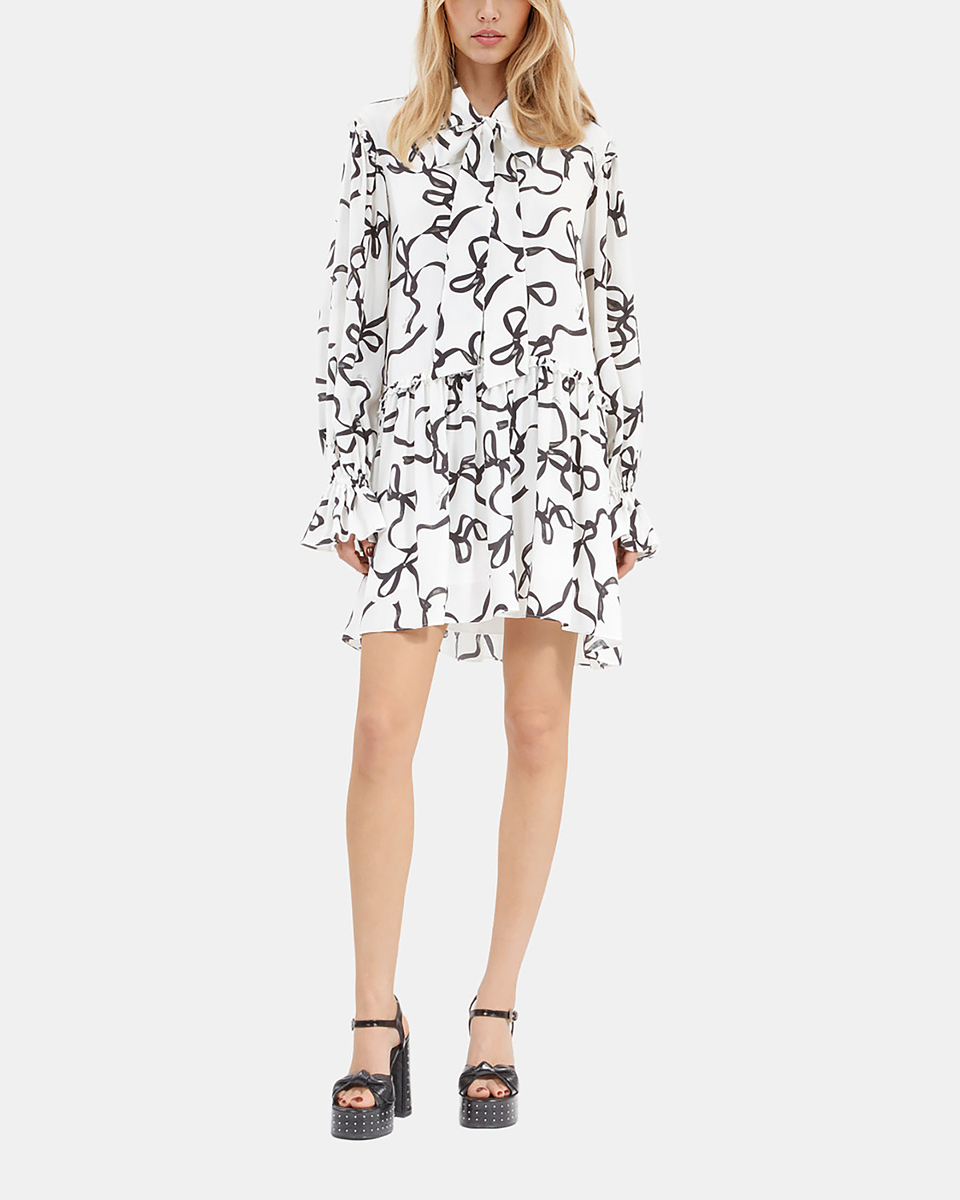 Ribbon-print silk short dress