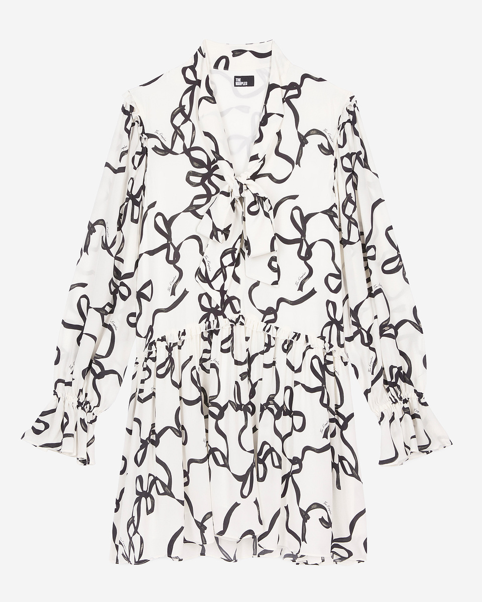 Ribbon-print silk short dress