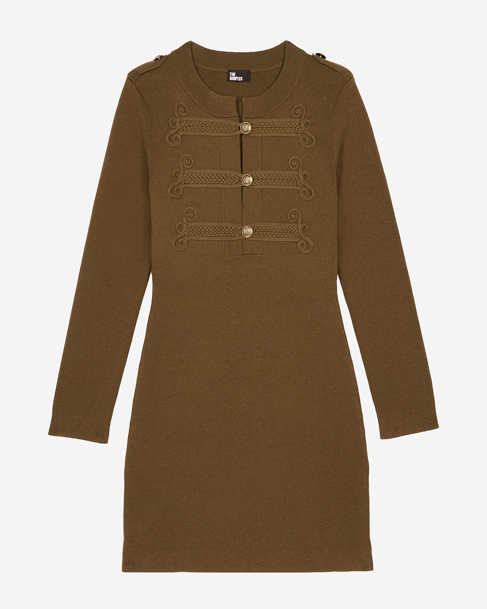 Officer-style short dress in khaki knit