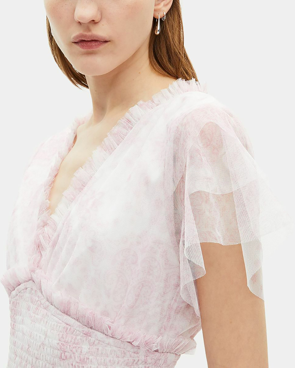Short dress in pale pink printed tulle