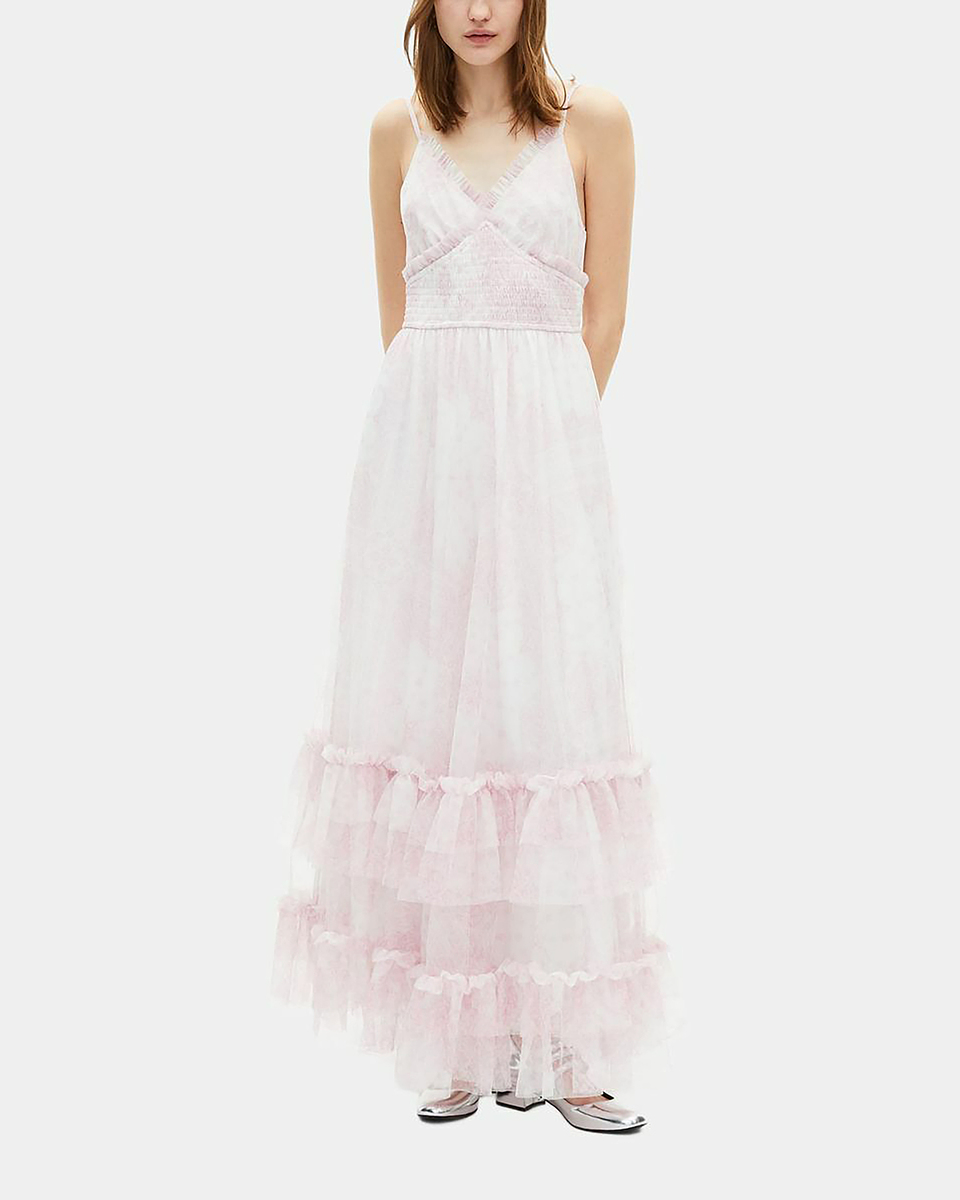Long dress in pale pink printed tulle