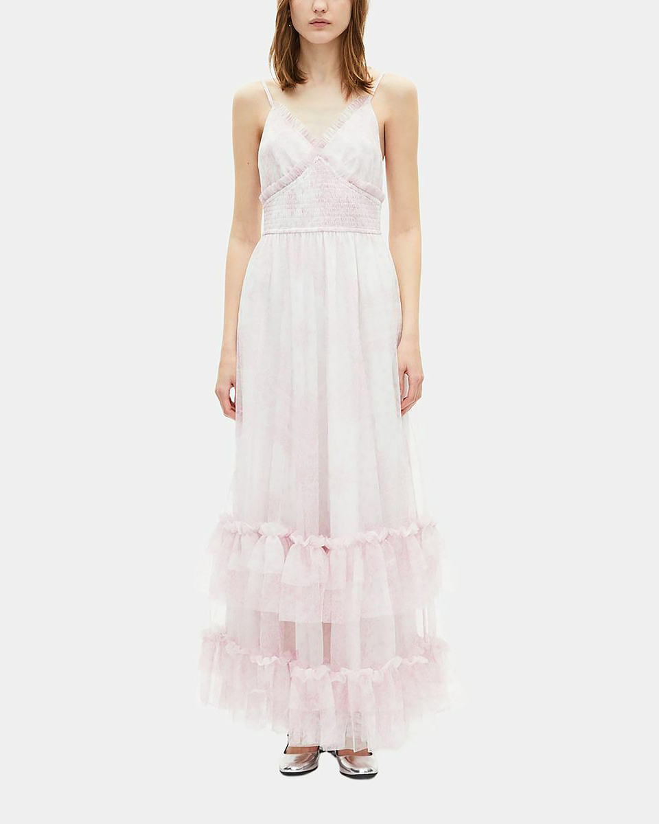 Long dress in pale pink printed tulle