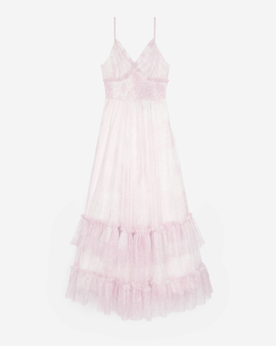 Long dress in pale pink printed tulle