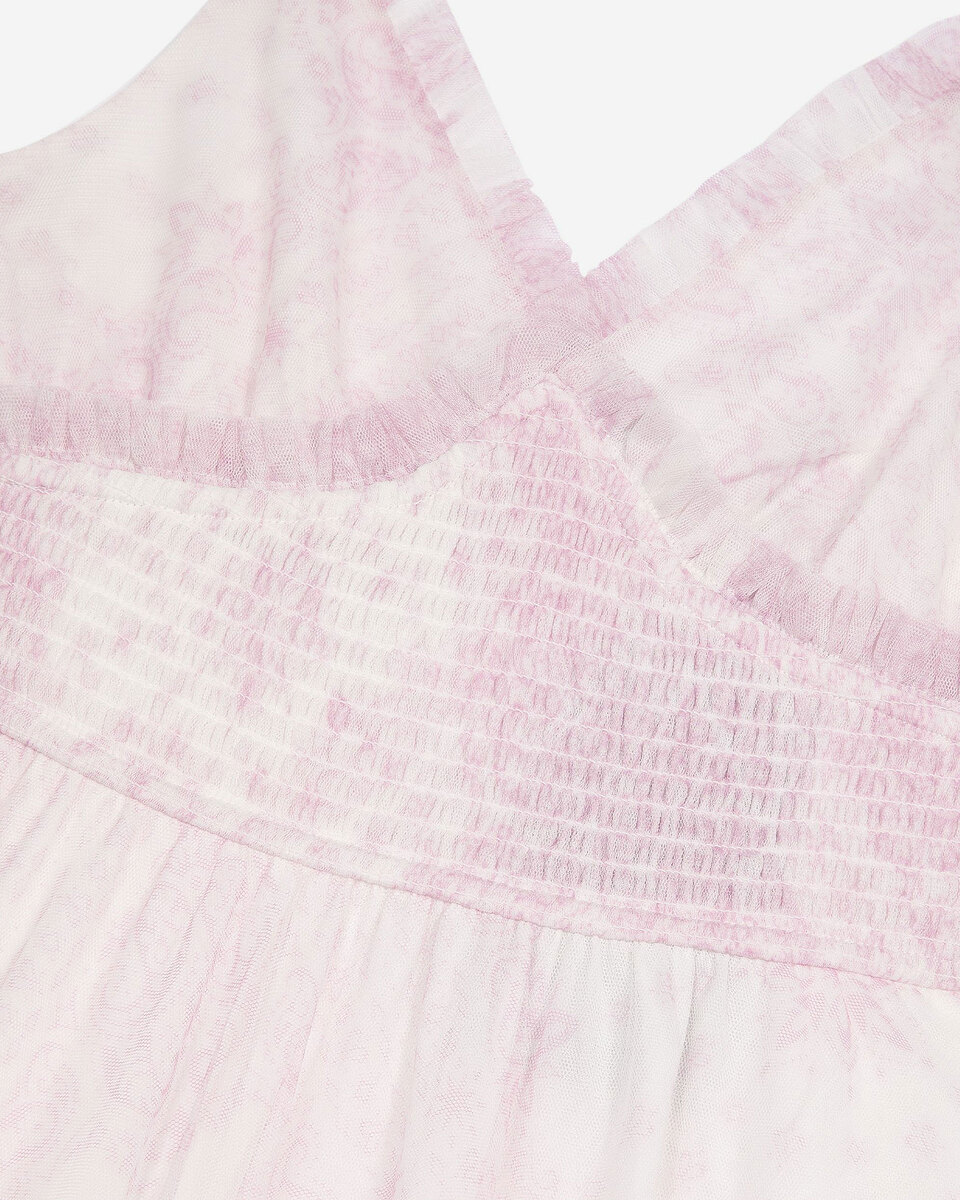 Long dress in pale pink printed tulle