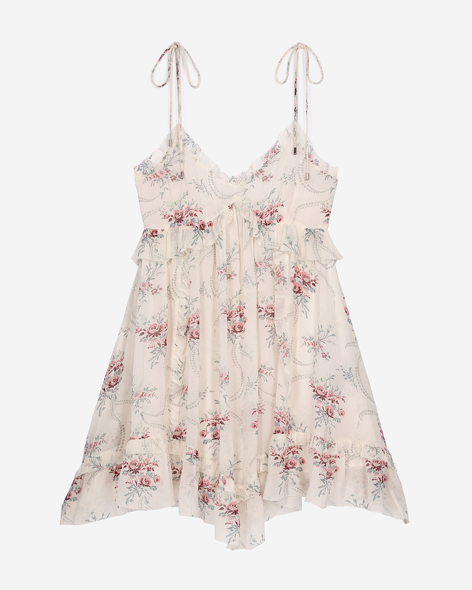 Short white floral print strapless dress