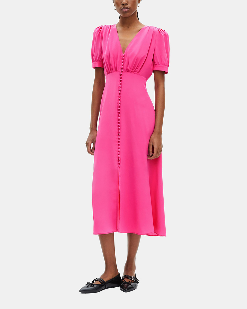 Long dress with pink silk buttoning