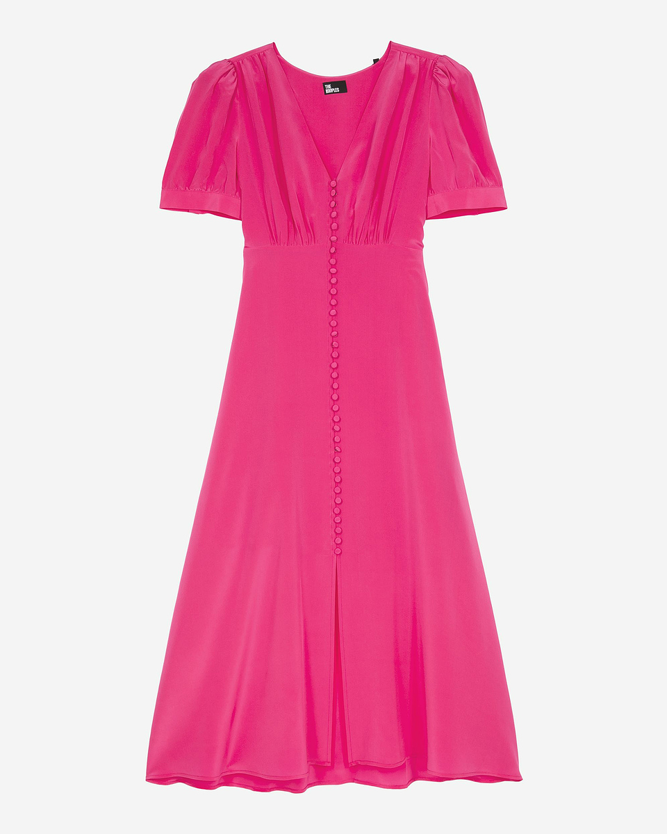 Long dress with pink silk buttoning