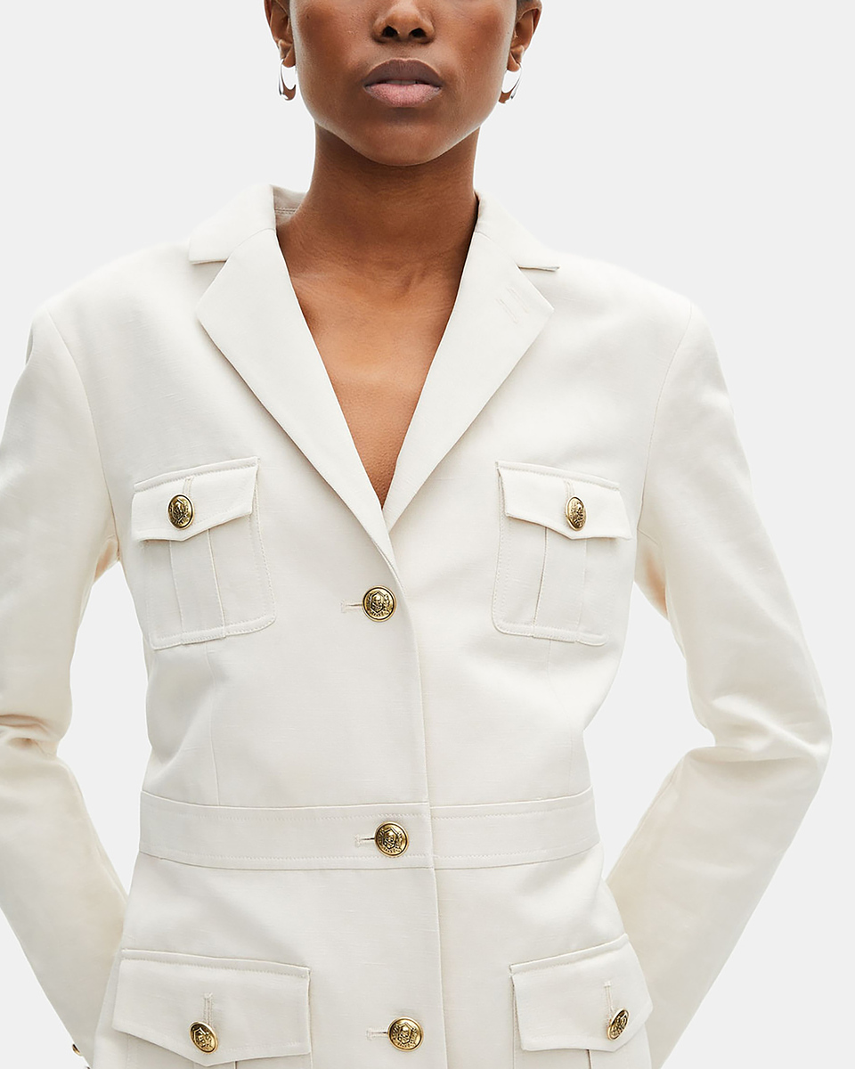 Short officer-style dress in ecru linen