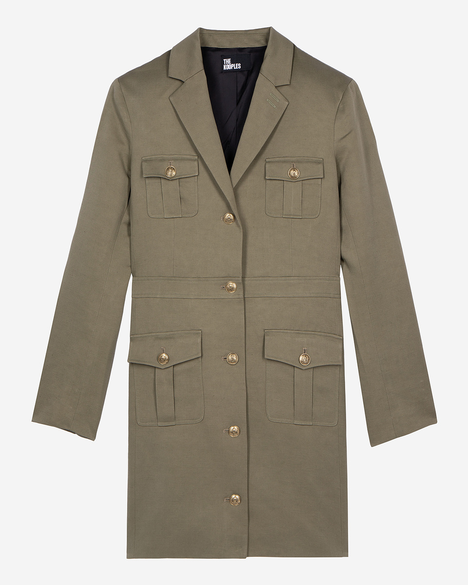 Short officer-style dress in khaki linen