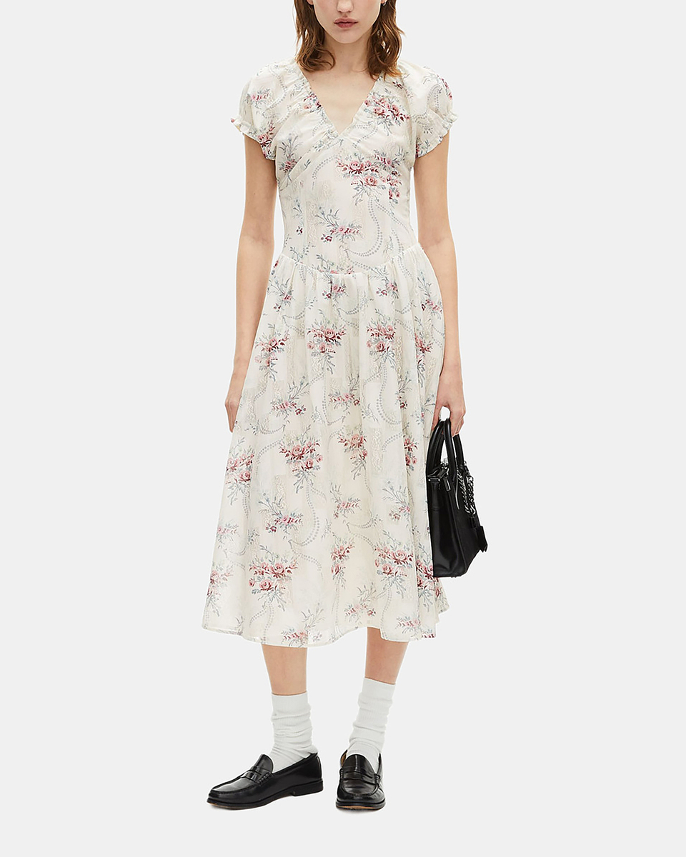 Long white floral print dress