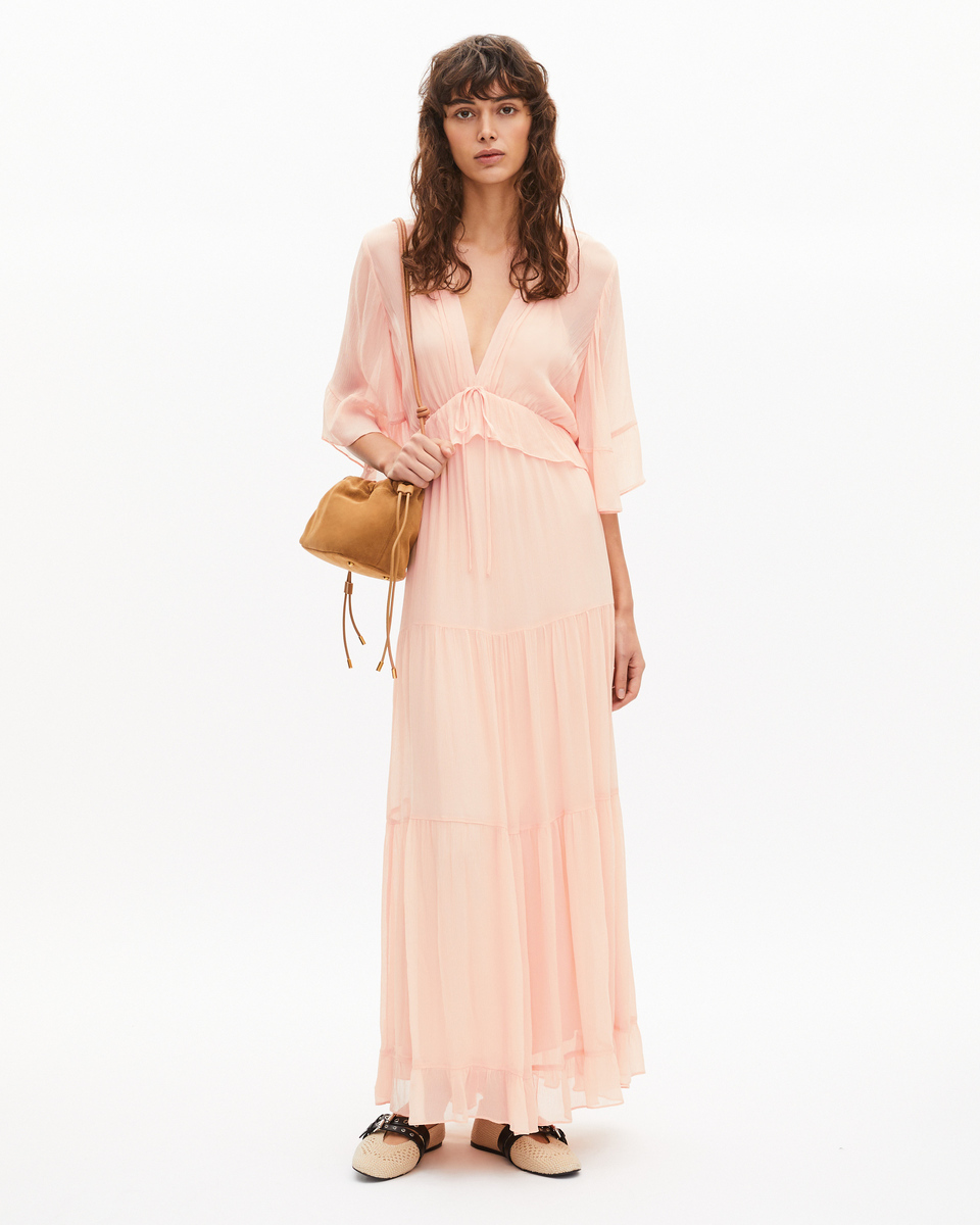 Long ruffled peach dress